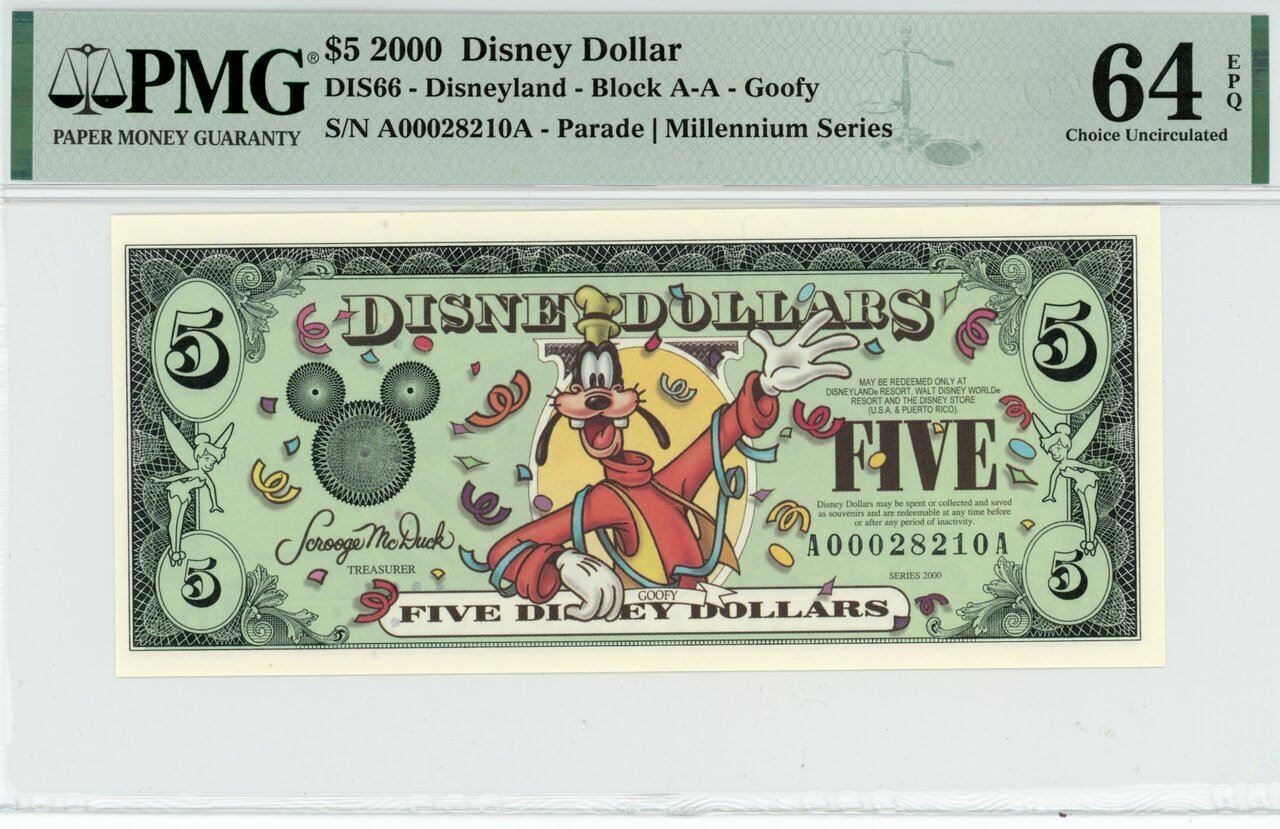 2000 $5 Disney Dollar Goofy Millennium Series PMG 64 EPQ (DIS66)