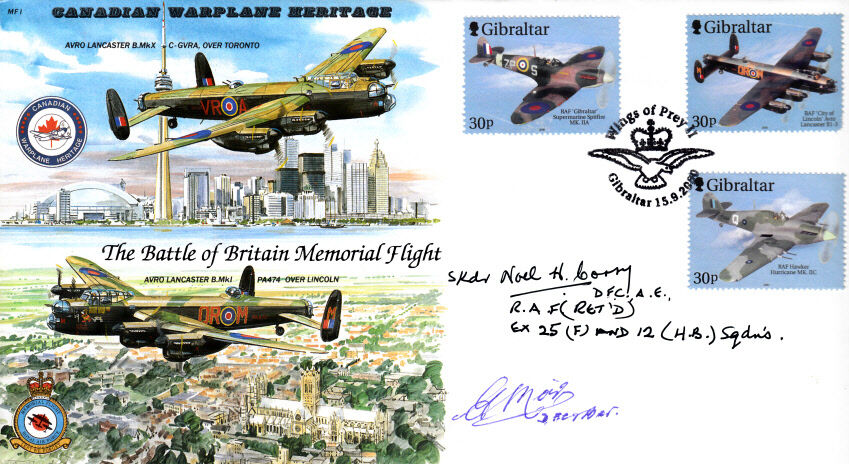 MF1 WW2 RAF BBMF / Canadian Lancaster cover signed CORRY DFC & MOIR DFC*