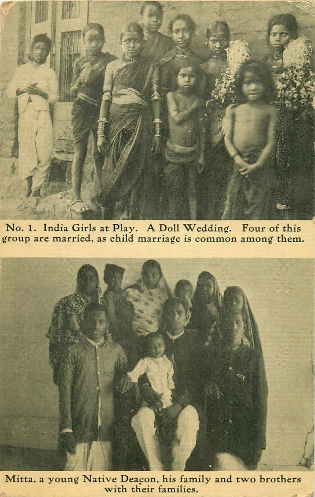 1913 India Girls At Play, Indian Family - Child Marriage Postcard