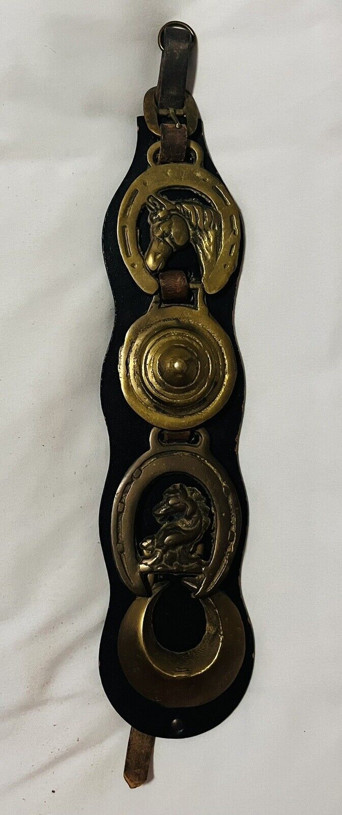 Vintage Hanging Horse Solid Brass 4 Medallions on Leather Strap