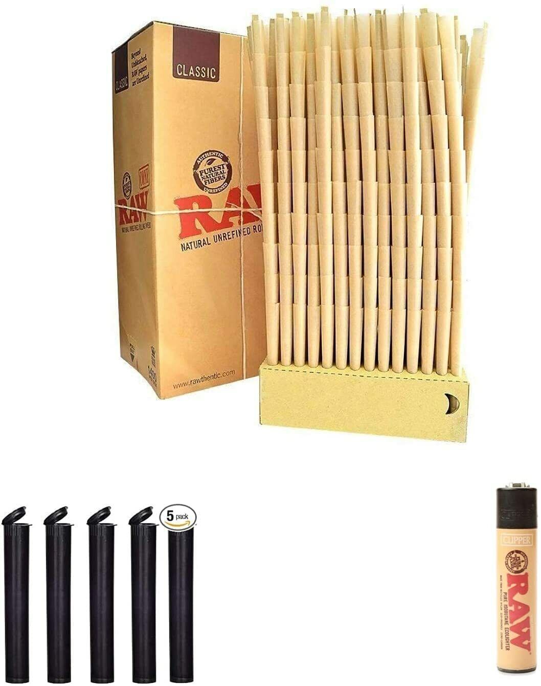 RAW Cones Classic 1 1/4 200 Pack Pre Rolled Rolling Paper W/Tips 5 Tubes+Lighter