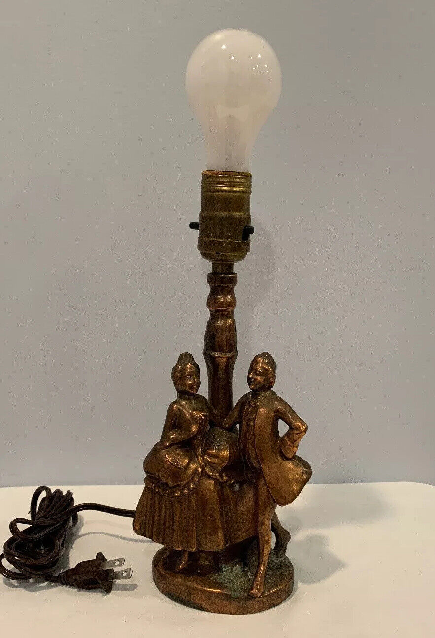 Antique Victorian Cast Copper Bronze Table Lamp With A Man & Woman Holding Hands