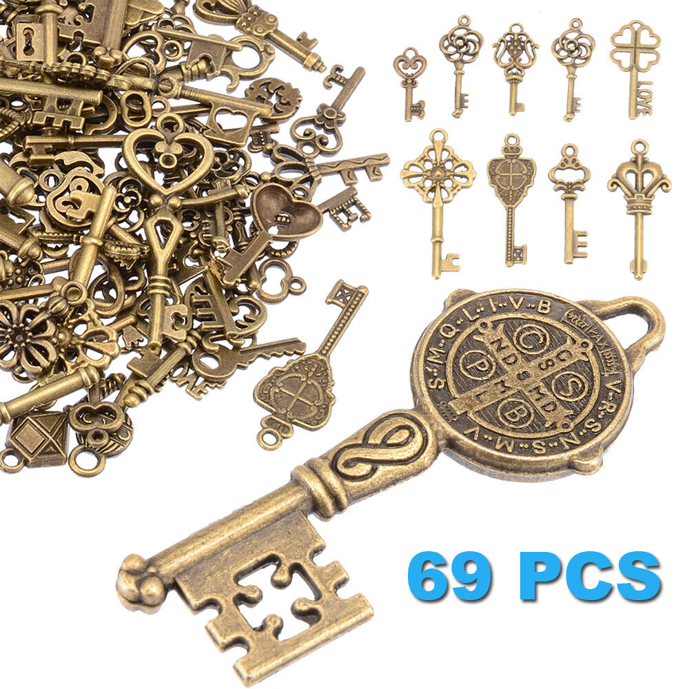 69 Pcs/Set Assorted Antique Vintage Old Look Skeleton Keys Heart Bow Pendant USA