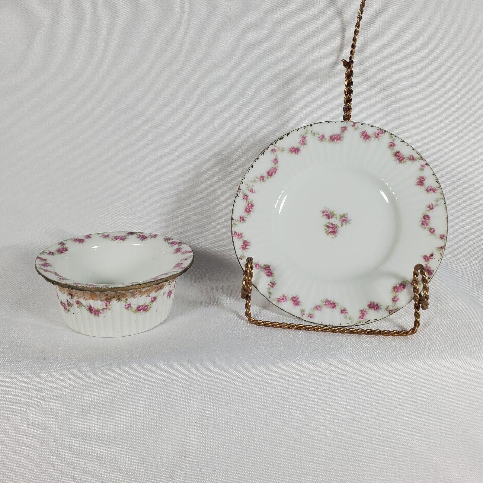 Antique Higgins and Seiter Souffle Creme Brulee Dish and Saucer Pink Flowers