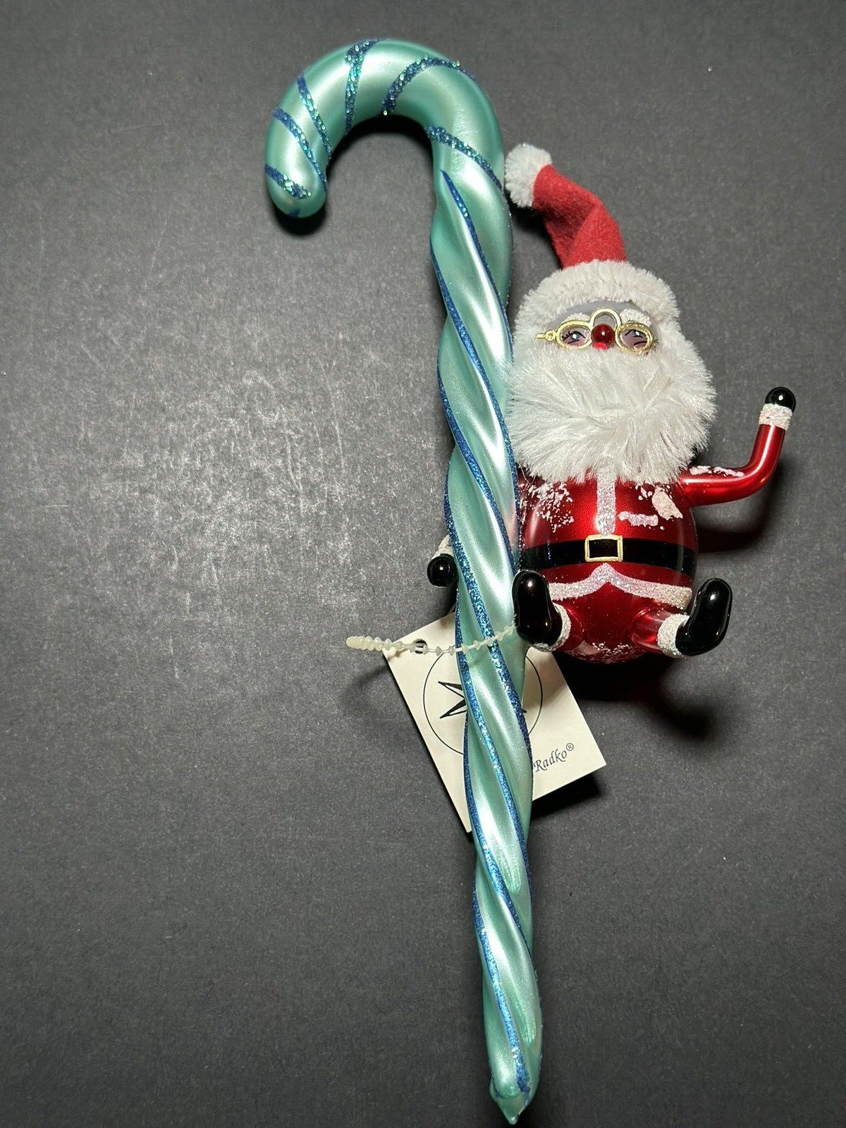 HTF RARE Christopher Radko SANTY CANE Italian Ornament Santa BLUE Candy 96-022-0