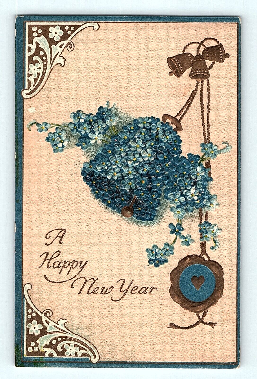 A Happy New Year Flowers in the Shape of Bell Blue & Tan Embossed Postcard E4