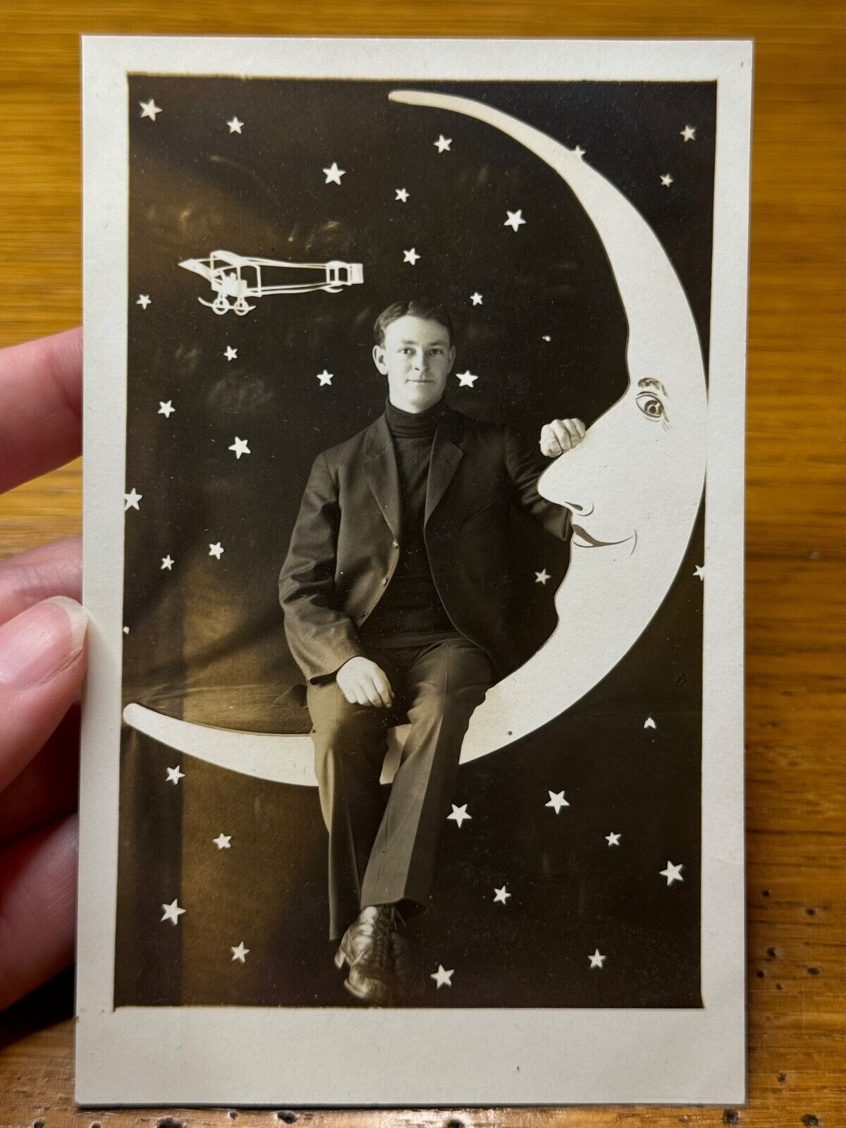 Vintage Young Man Gentleman Paper Moon Studio Prop Airplane Stars Postcard RPPC