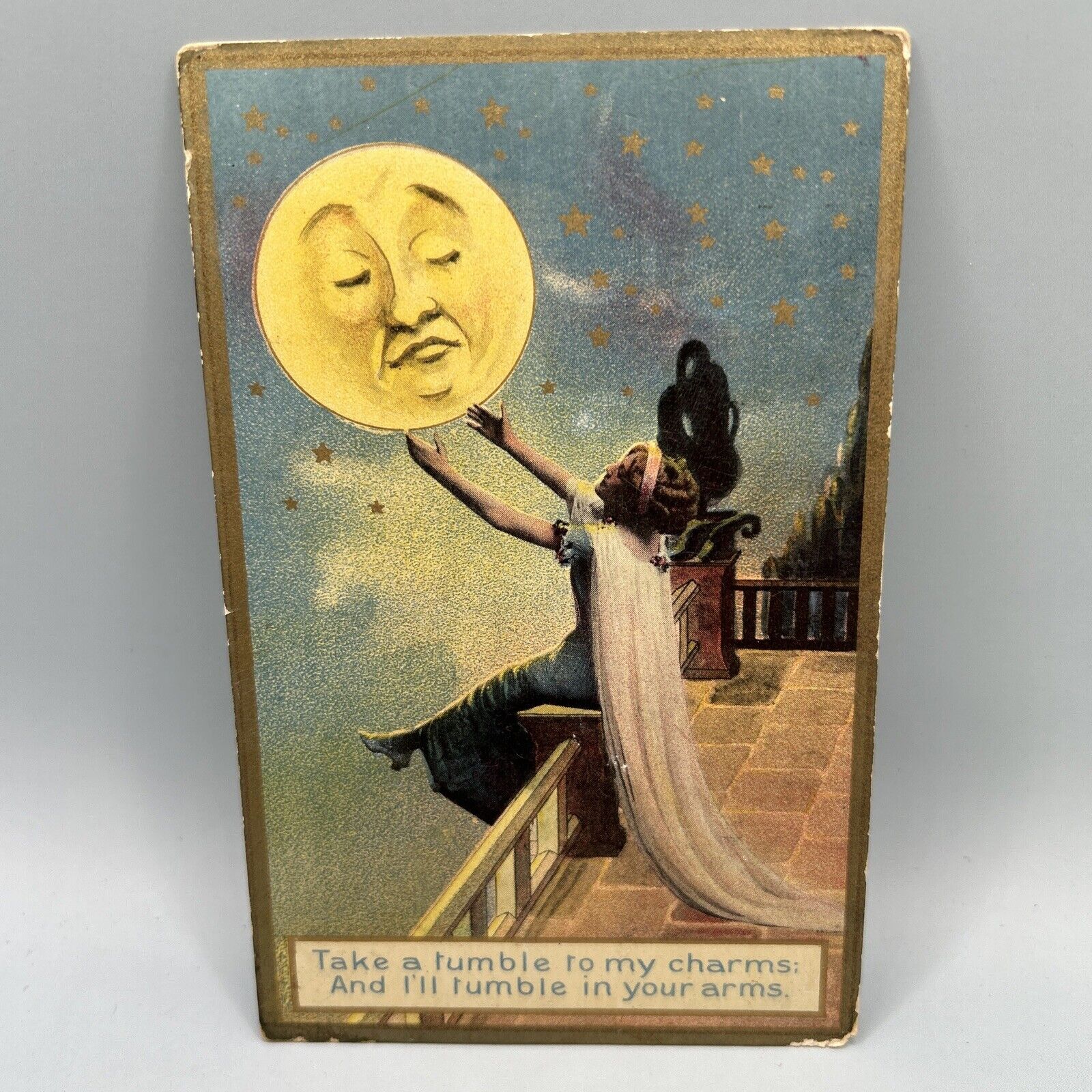 Antique Postcard Woman Holding The Moon Unposted 