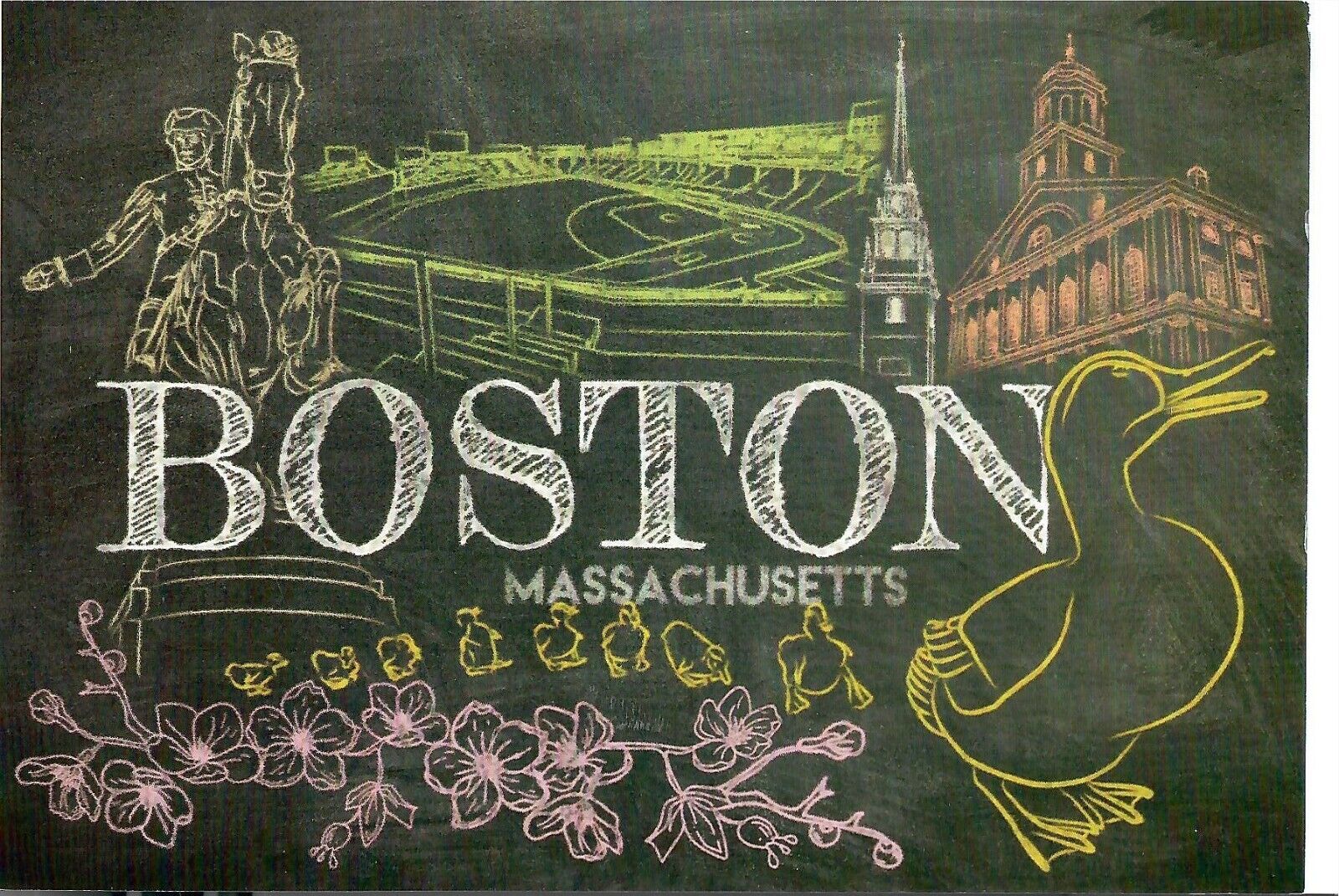 NEW Postcard Boston drawing 4x6 Massachusetts Postcrossing Unposted 