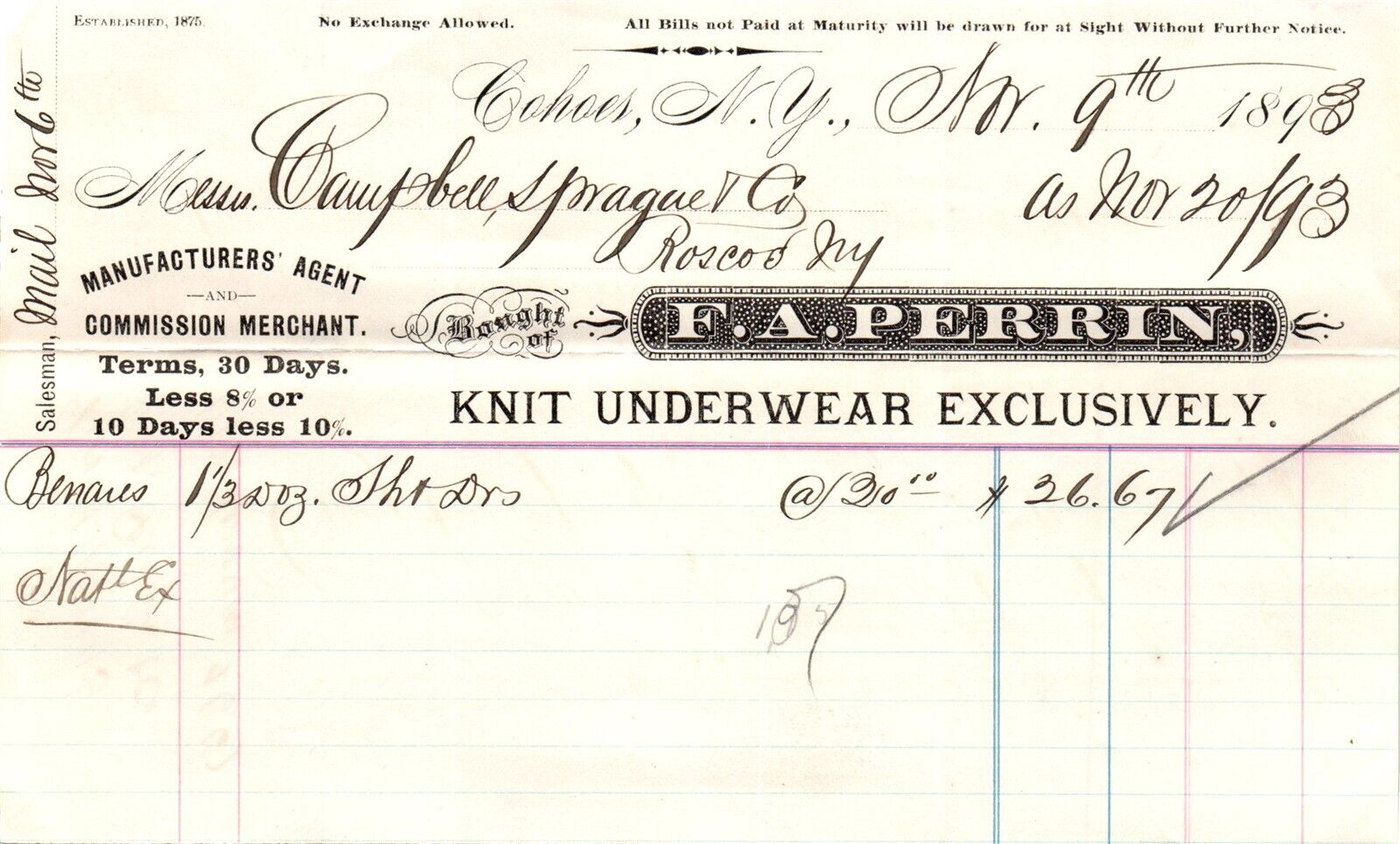 1893 F.A. Perrin Knit Underwear Billhead Cohoes, NY 15 Pairs Sold Nov 9th LL