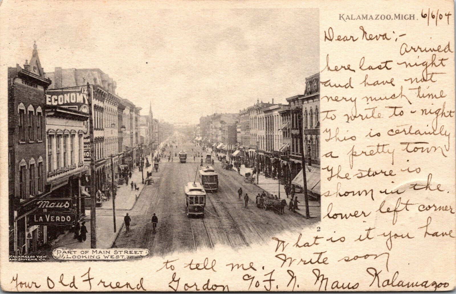 Vtg 1904 Main Street Looking West Trolleys Kalamazoo Michigan MI Postcard