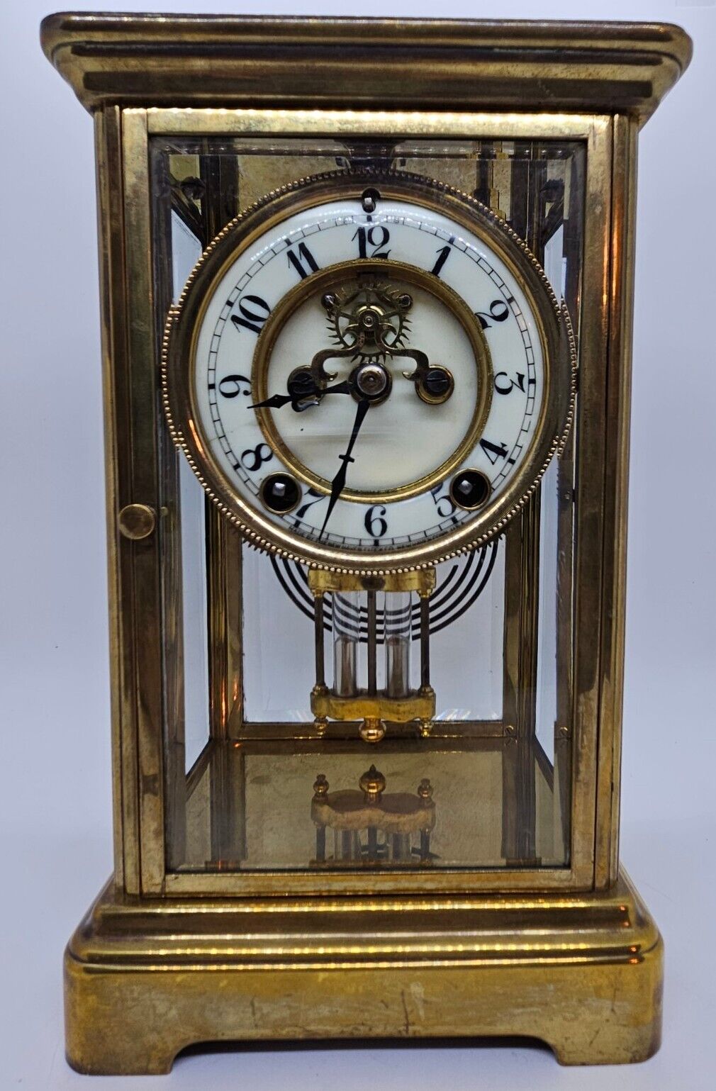Antique 1910 NEW HAVEN 'Thespia' Victorian Brass & Glass Crystal Regulator Clock