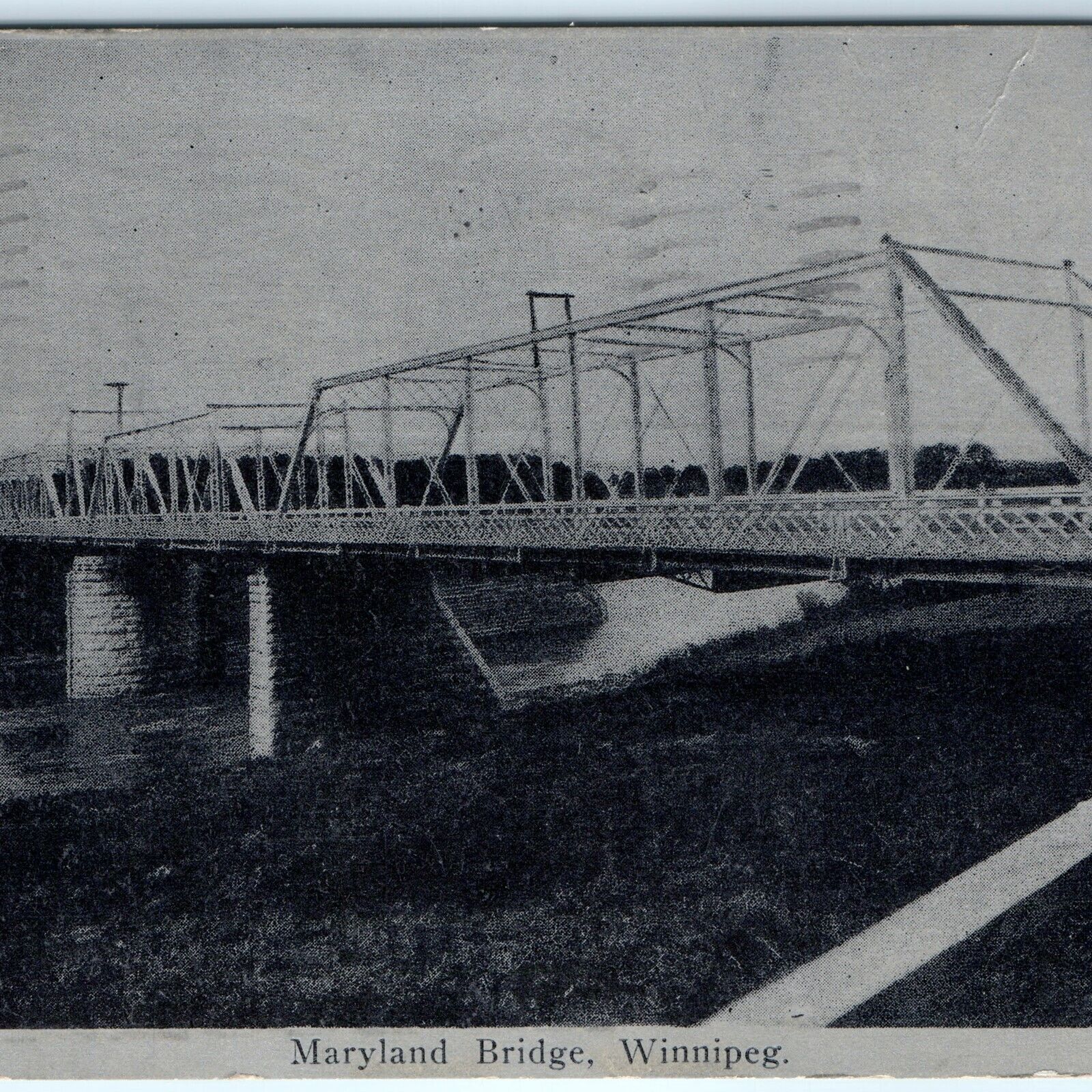 RARE 1909 Winnipeg, Manitoba Old Maryland Truss Bridge Litho Photo Postcard A166