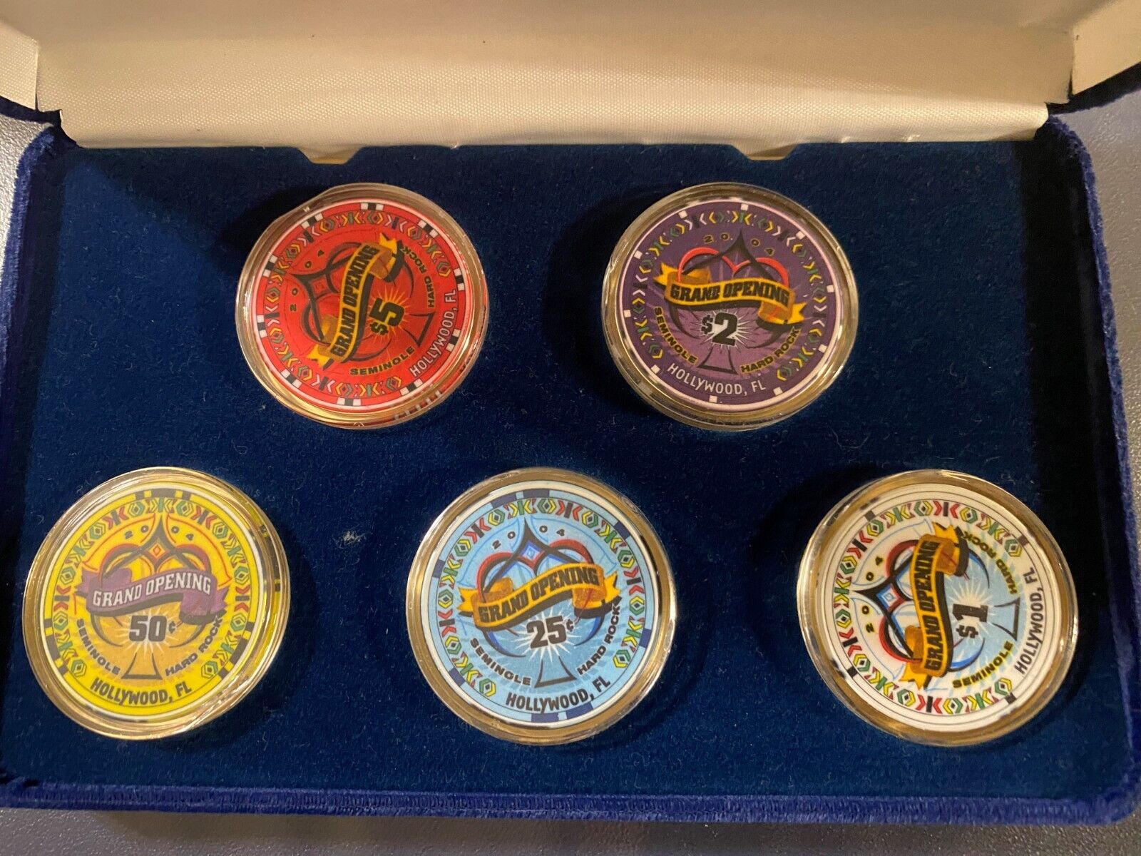 Set of 5 Seminole Hard Rock Hollywood, FL, Grand Opening Chips in Case