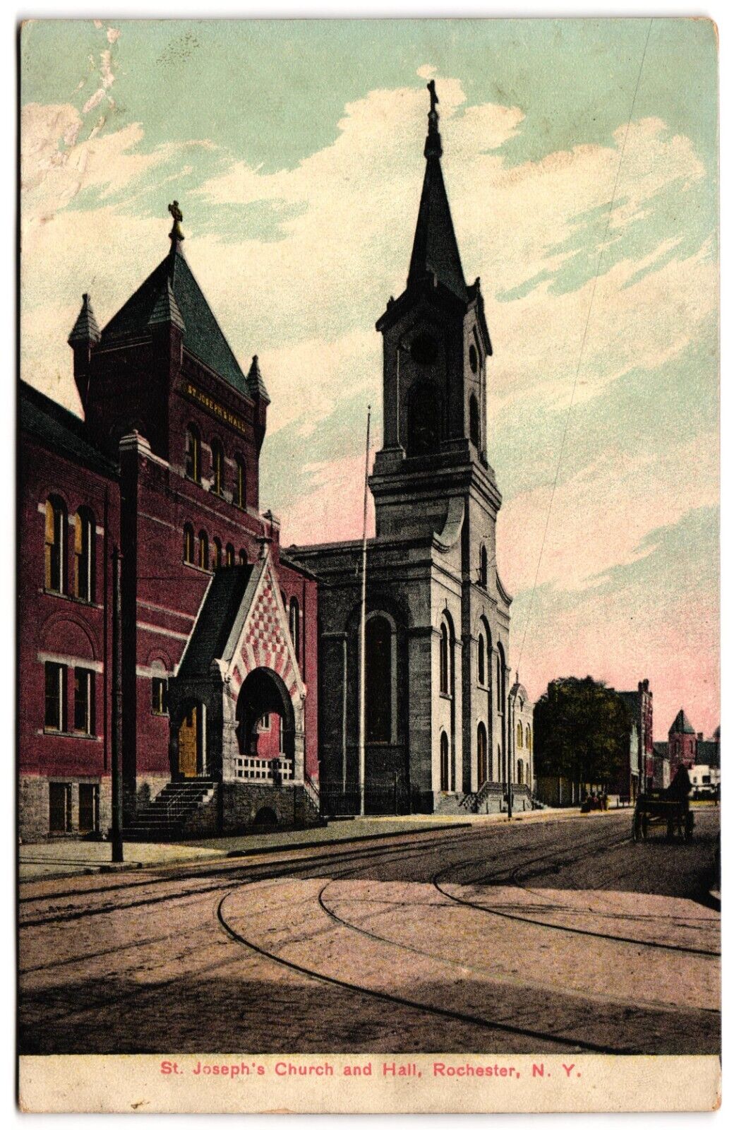 St. Joseph\'s Church and Hall Rochester NY c1900s Horse and Wagon Tracks Postcard