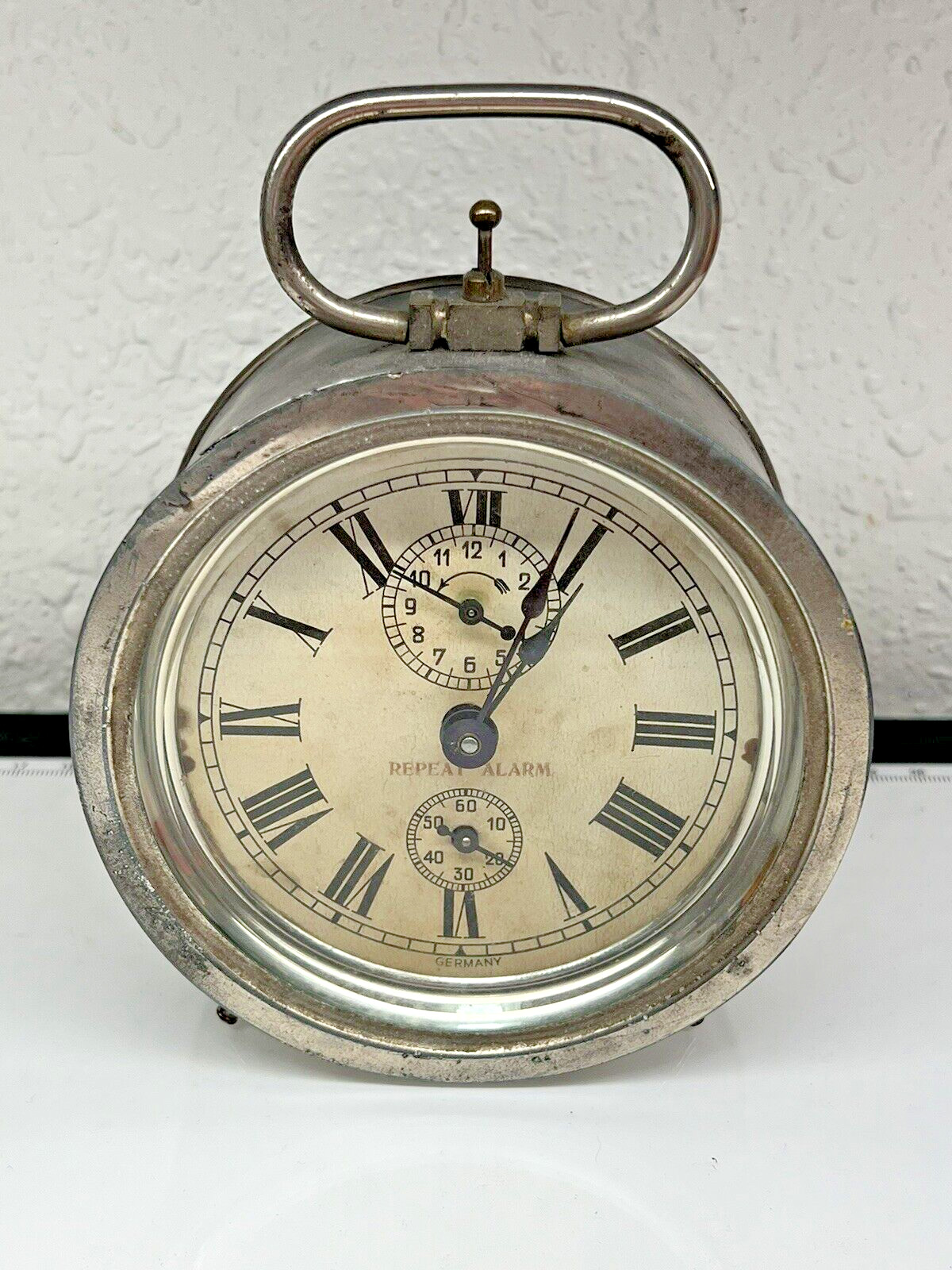 OLD ANTIQUE GERMAN ALARM CLOCK GERMANY ROMAN NUMERALS BEVELED GLASS JUNGHANS?