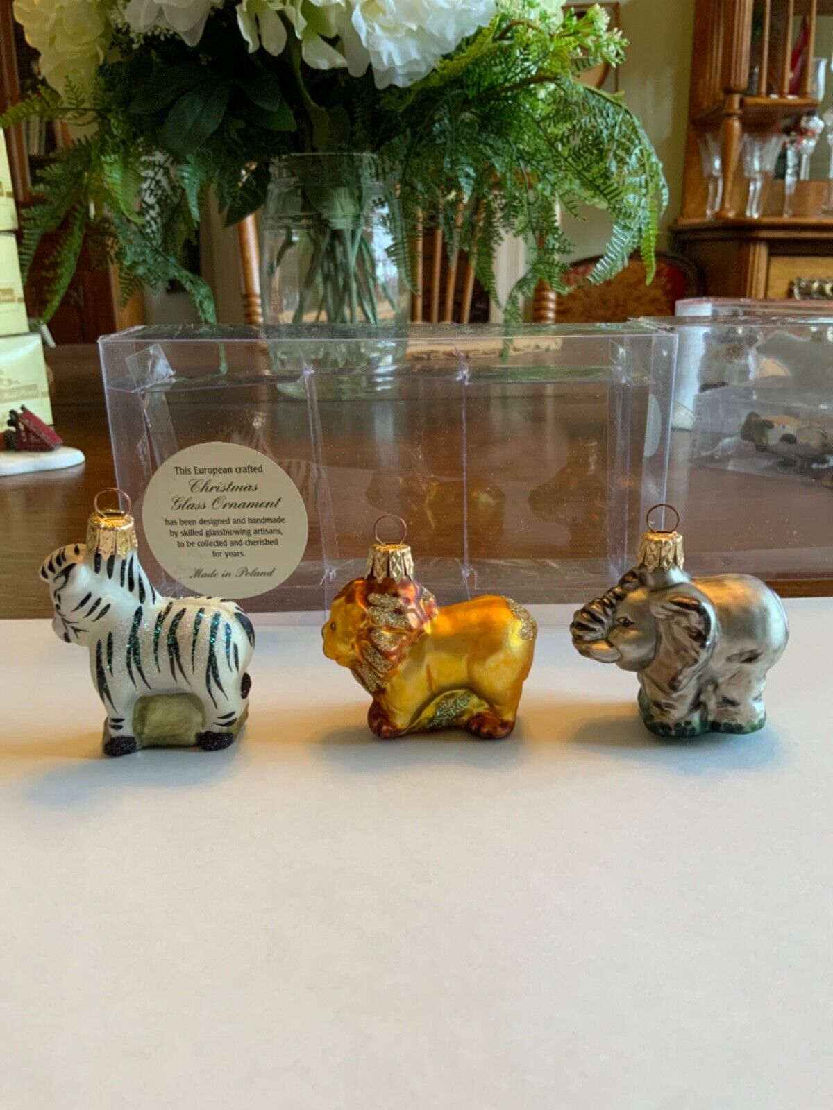 Hand Blown Glass Christmas Ornaments - Set of 3 - Poland zebra lion elephant NEW