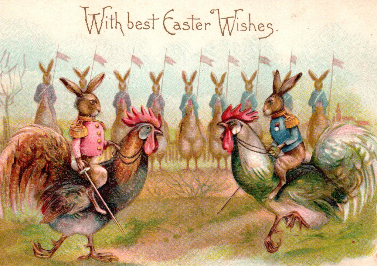 Anthropomorphic Bunnies Riding Roosters Cock Fight Swords Rabbit Army Postcard