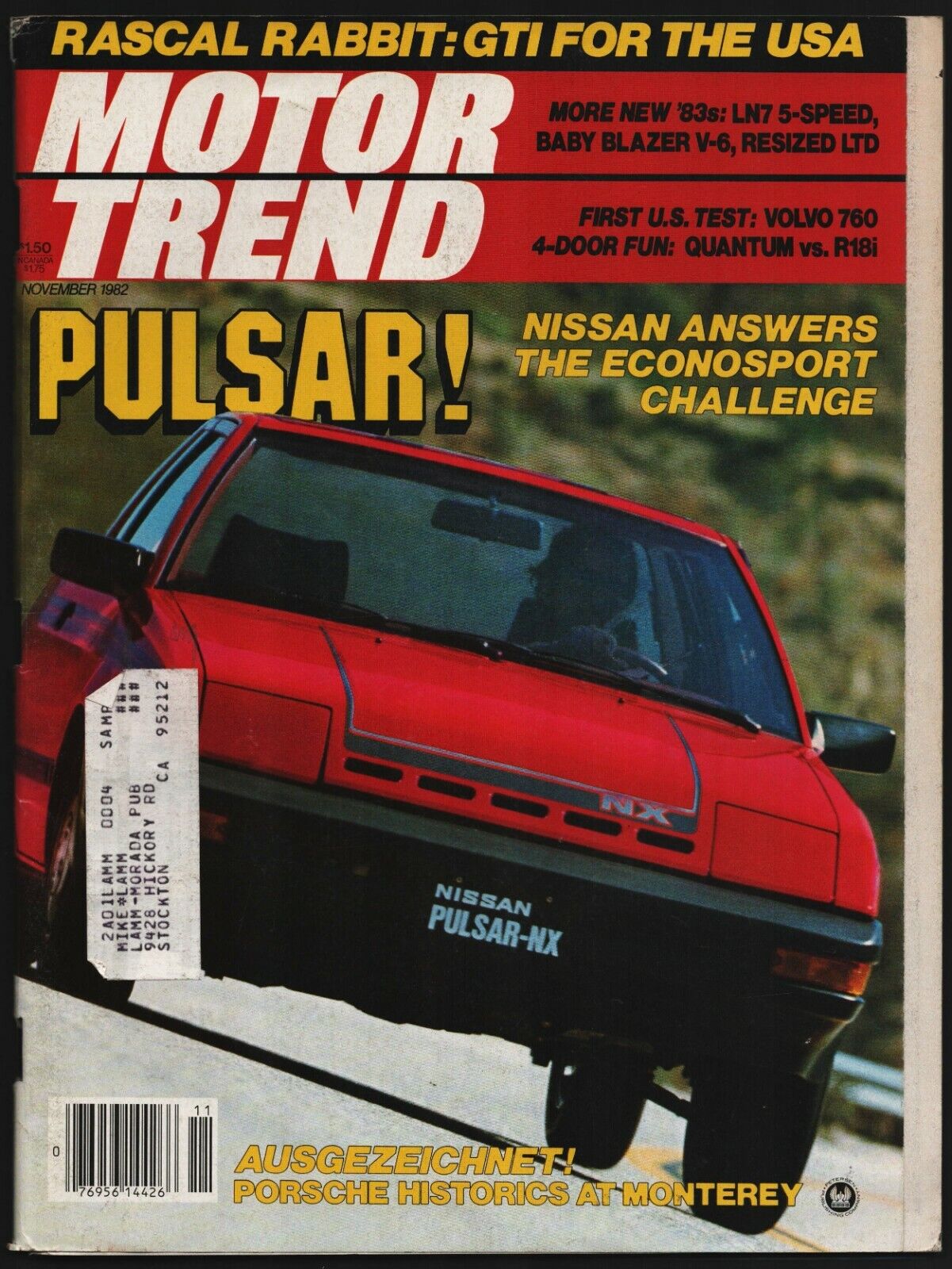 NOVEMBER 1982 MOTOR TREND MAGAZINE NISSAN PULSAR-NX, VOLVO 760, BLAZER V6