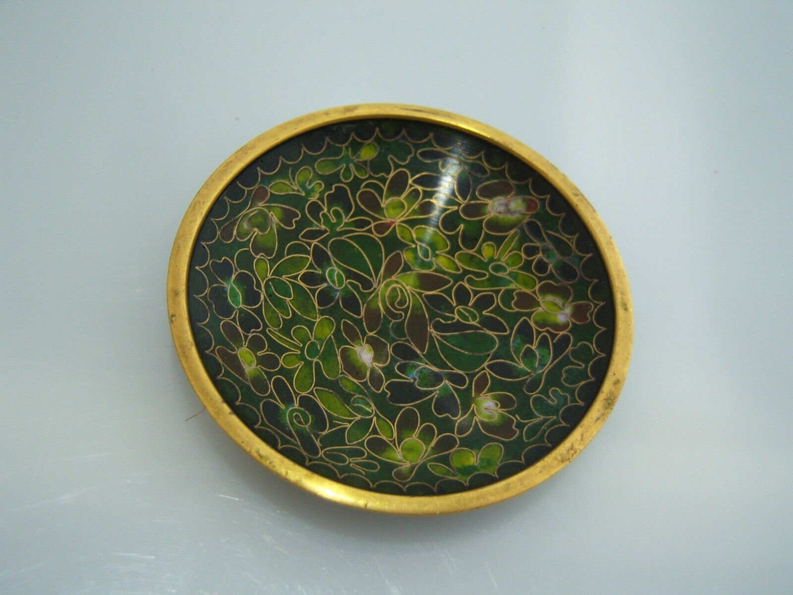 VTG CLOISONNE TRINKET DISH Floral Green Brass Blue Enamel Ring Coin Dish