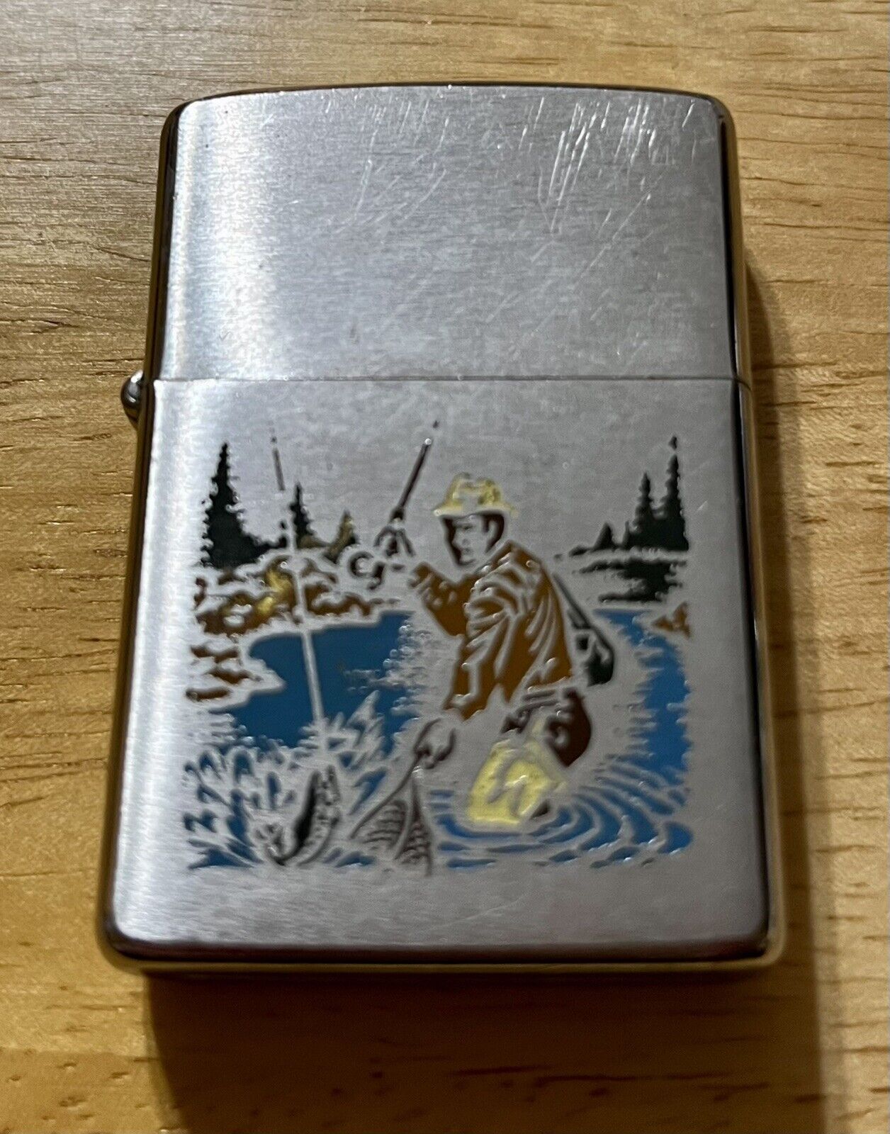 RARE Vintage Zippo Lighter Fisherman 70s? Engraved Pre-Owned GUC