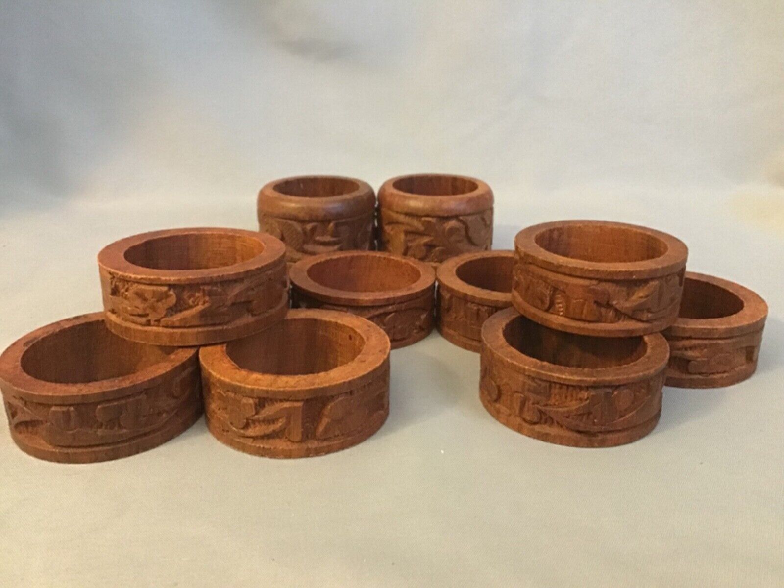 Vintage Carved Wood MCM Set of 10 Napkin Ring Holders 2@1 1/4\