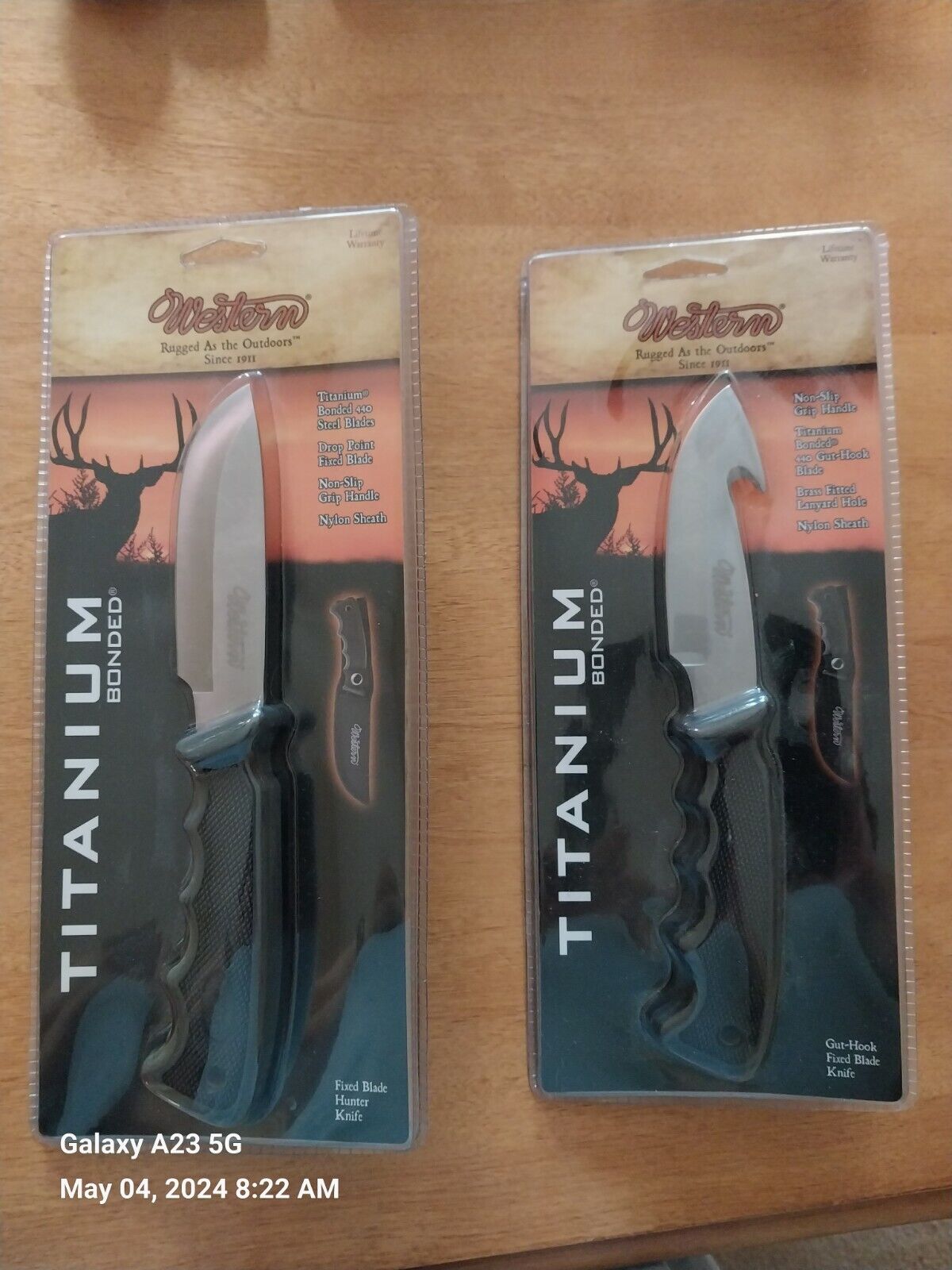  Lot of 2 Western USA Bonded Titanium 1 Hunting Knife & 1 Gut-Hook + Sheaths
