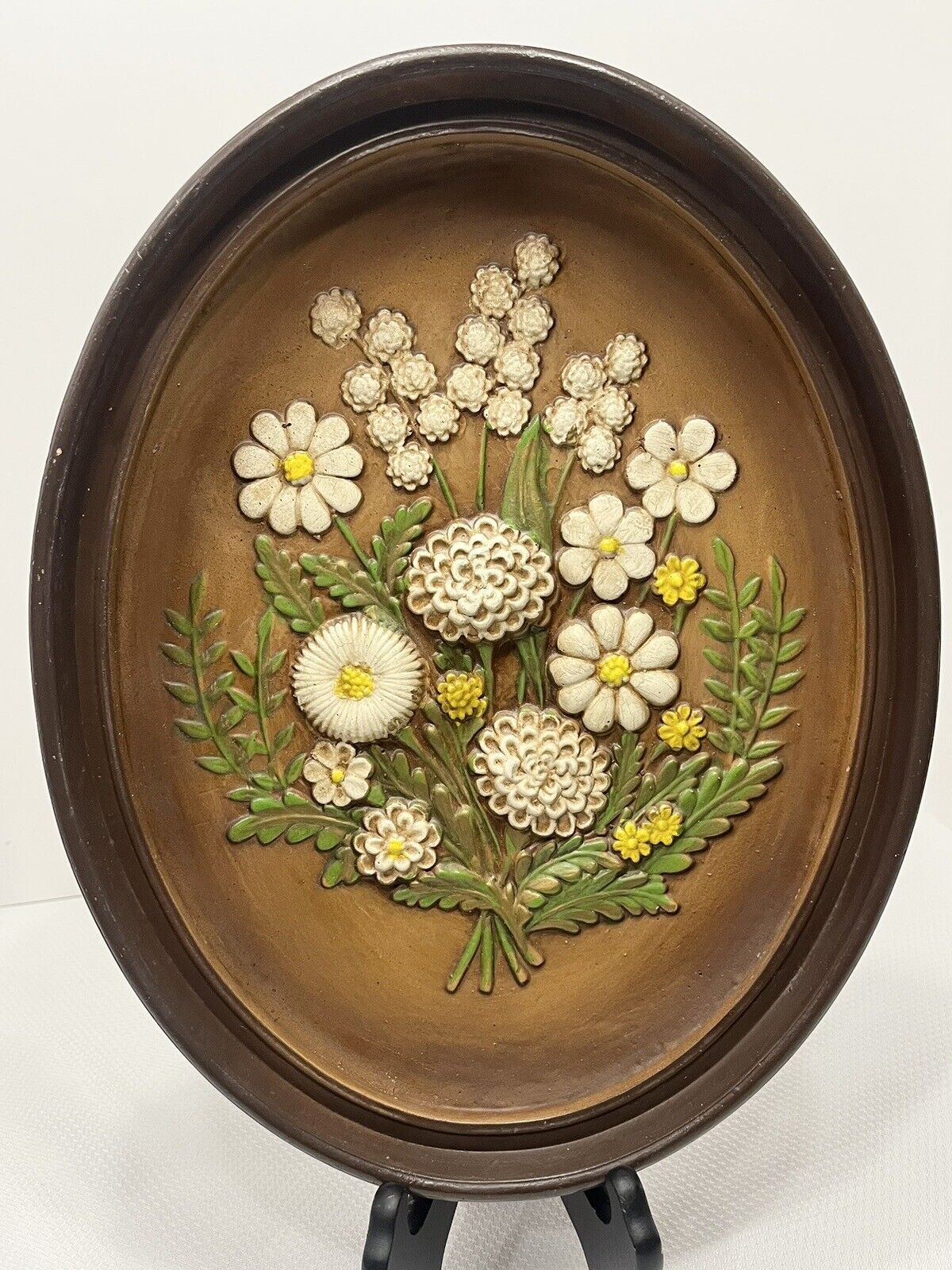 Vintage Floral Chalkware Brown Wall Plaque White Yellow Wild Flowers 14 1/2\