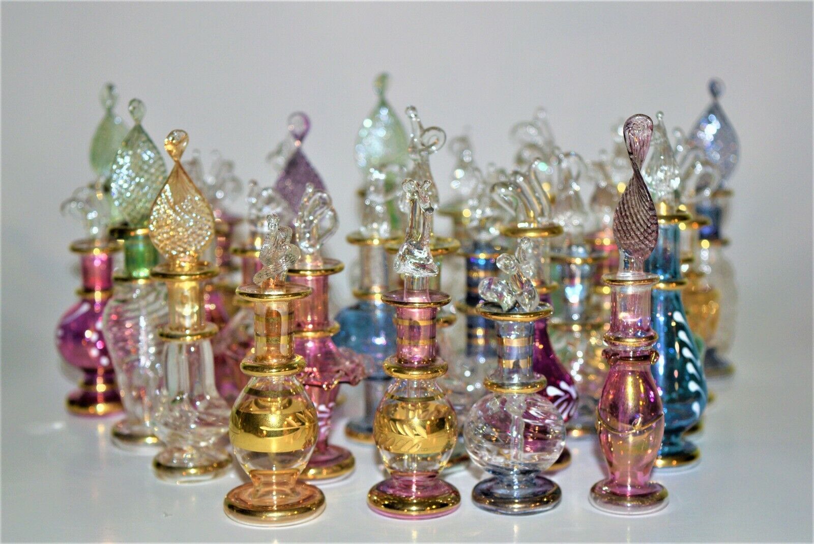 Mini, Egyptian Hand-blown Glass Perfume Bottles,14 k Gold Trim, 2 Inch, Set of 5