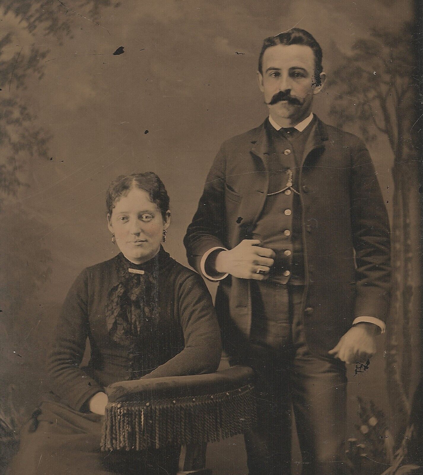 Vintage Antique Tintype Photo Handsome Young Dapper Couple Man Husband Lady Wife