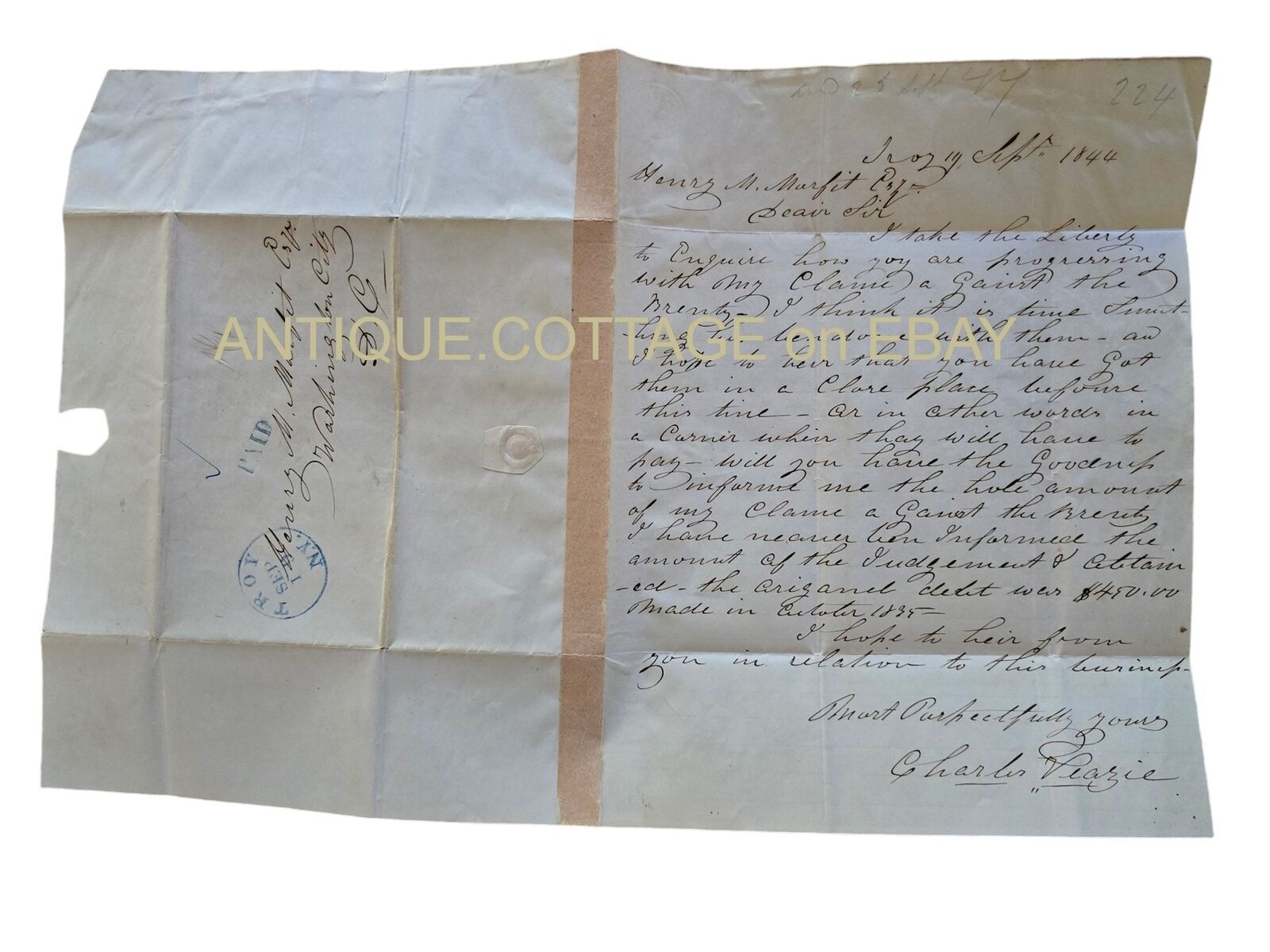 1844 antique STAMPLESS COVER LETTER troy ny CHAS VEAZIE stagecoach train builder