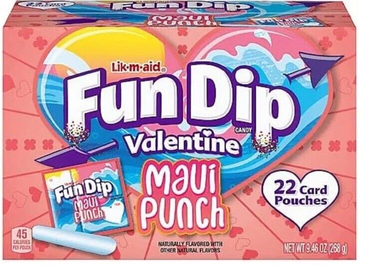 LIK-EM-AID Fun Dip Candy Valentine\'s Maui Punch 22 Pouches New In Box