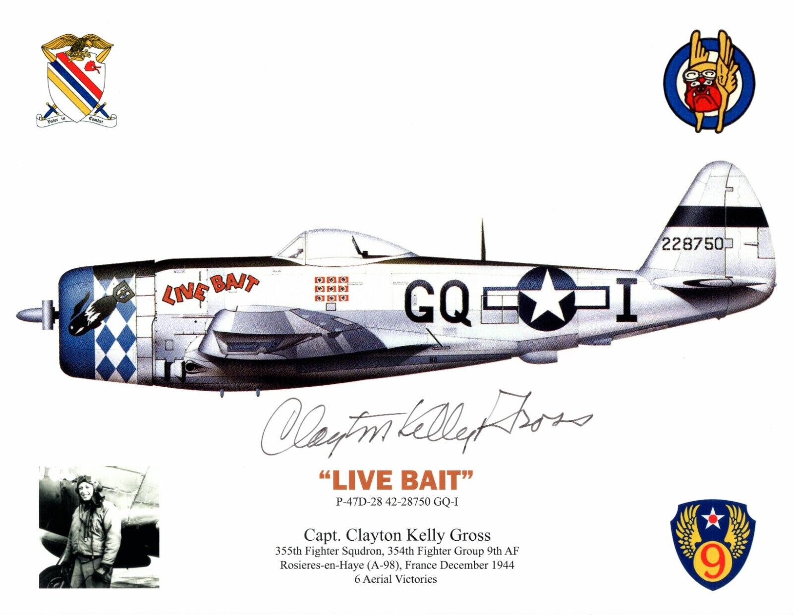 CLAYTON KELLY GROSS WWII ACE SIGNED 8X10 PHOTO 354TH FIGHTER GROUP 6 VICS