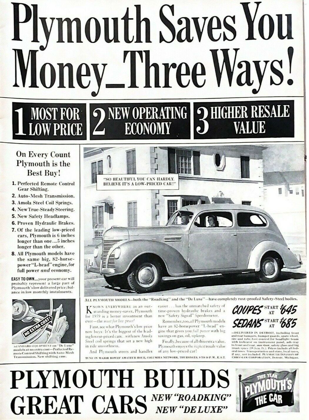 1939 Plymouth Automobile Vintage Print Ad Saves You Money Three Ways 