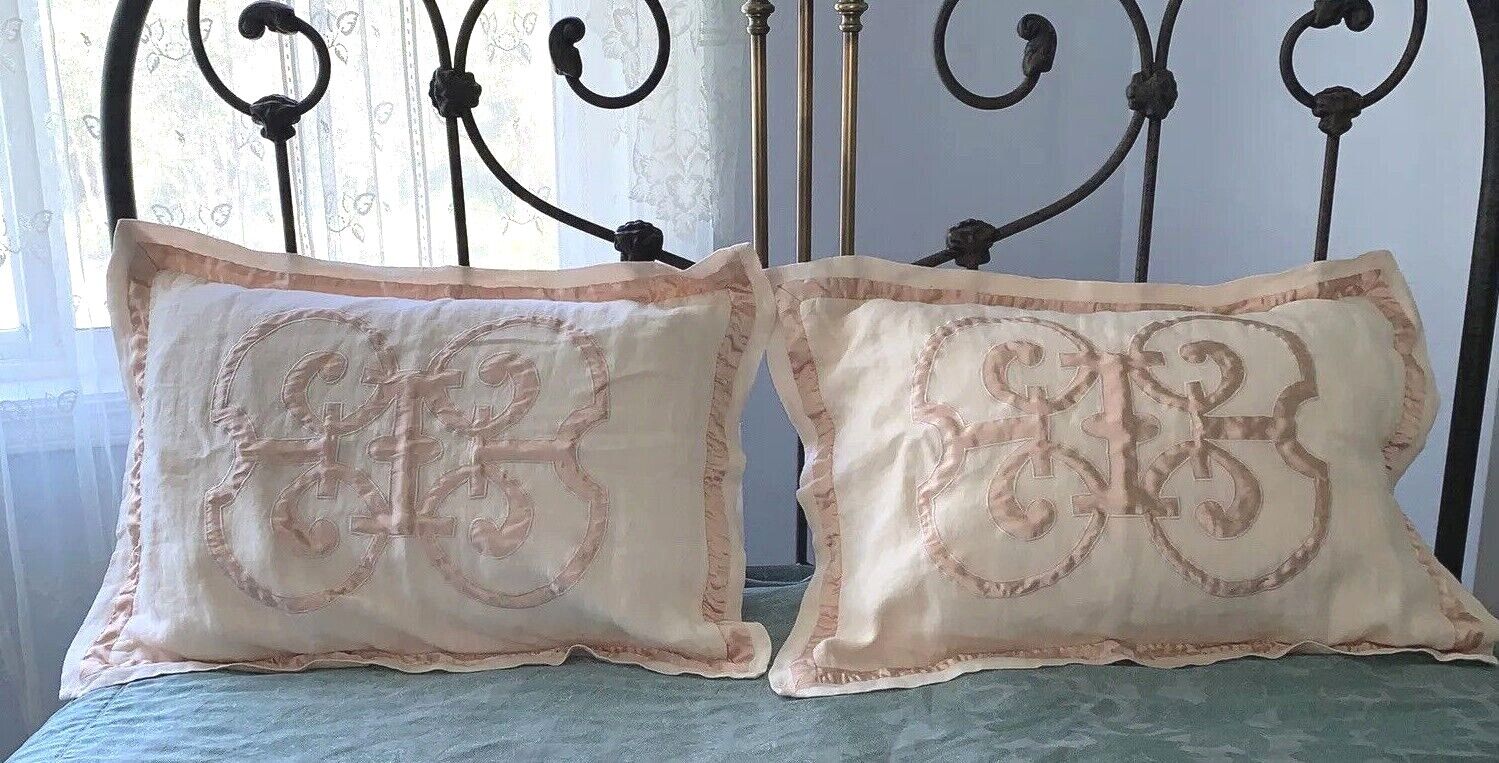set of Surya linen peach pillow covers, satin emblem applique, 29x23, no pillows