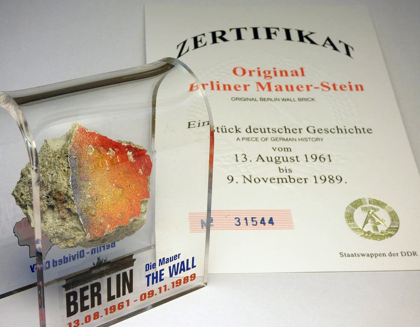 Original Piece of the REAL BERLIN WALL Mounted in Acrylic Display with Certifica