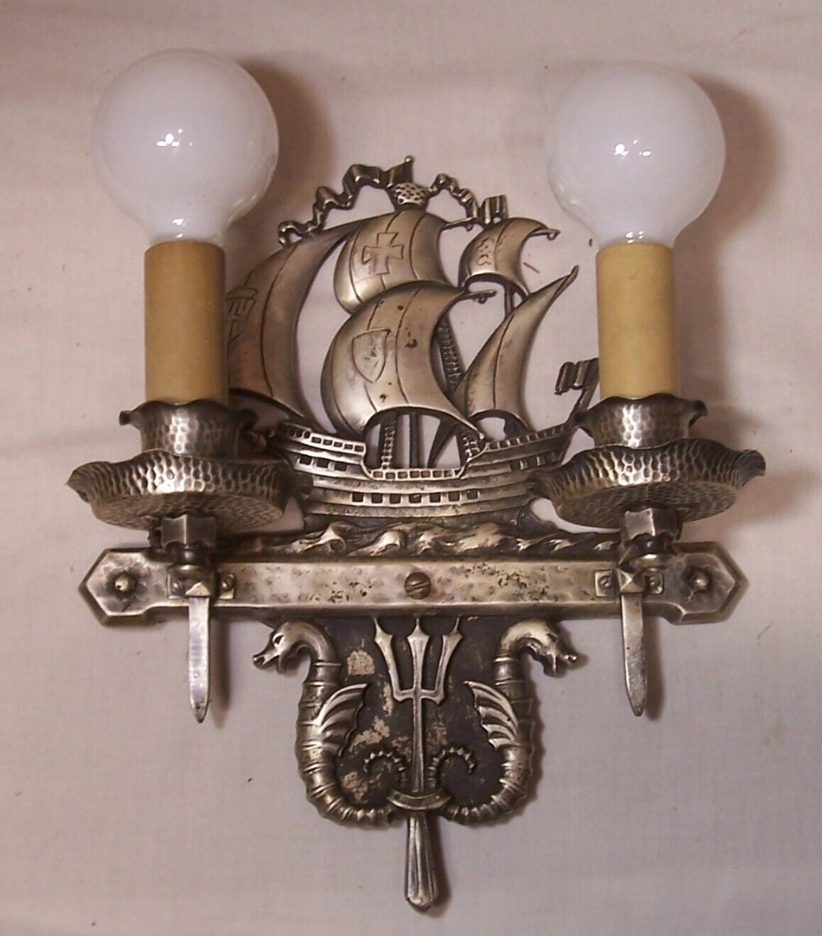 Vtg Nautical Sconce Antique Light Fixture Brass Nickel Ship Serpent Rewired #B9