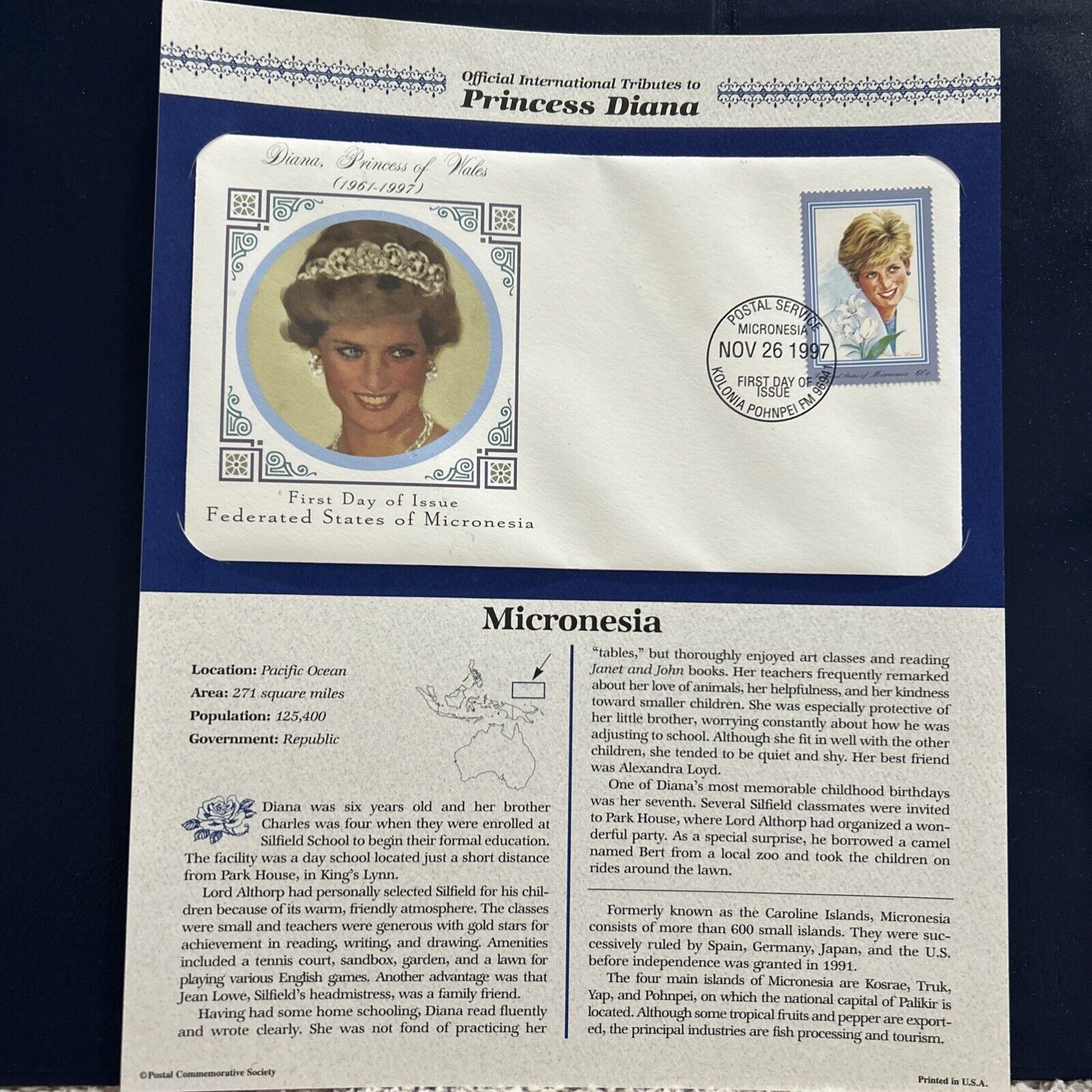Official International Tributes to Princess Diana First Day Stamp MICRONESIA