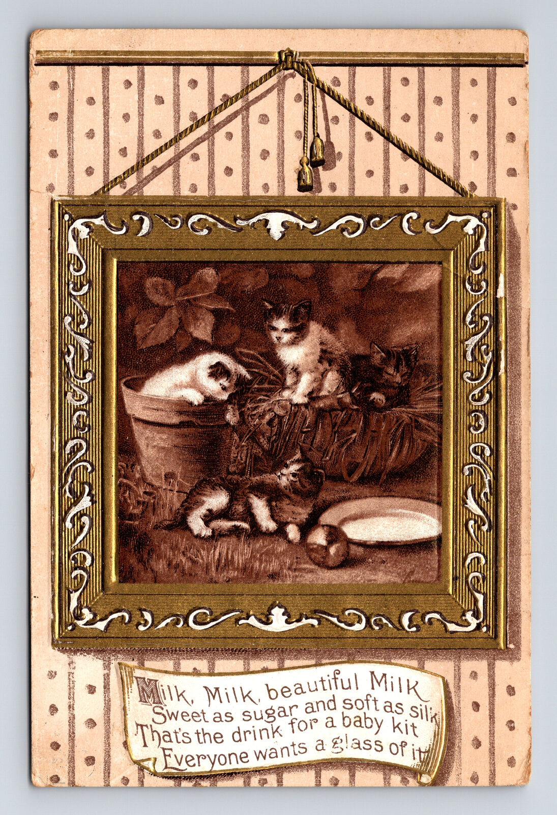 c1910 Gold Embossed Kittens & Beautiful Milk Poem Elyria OH Flag Cancel Postcard