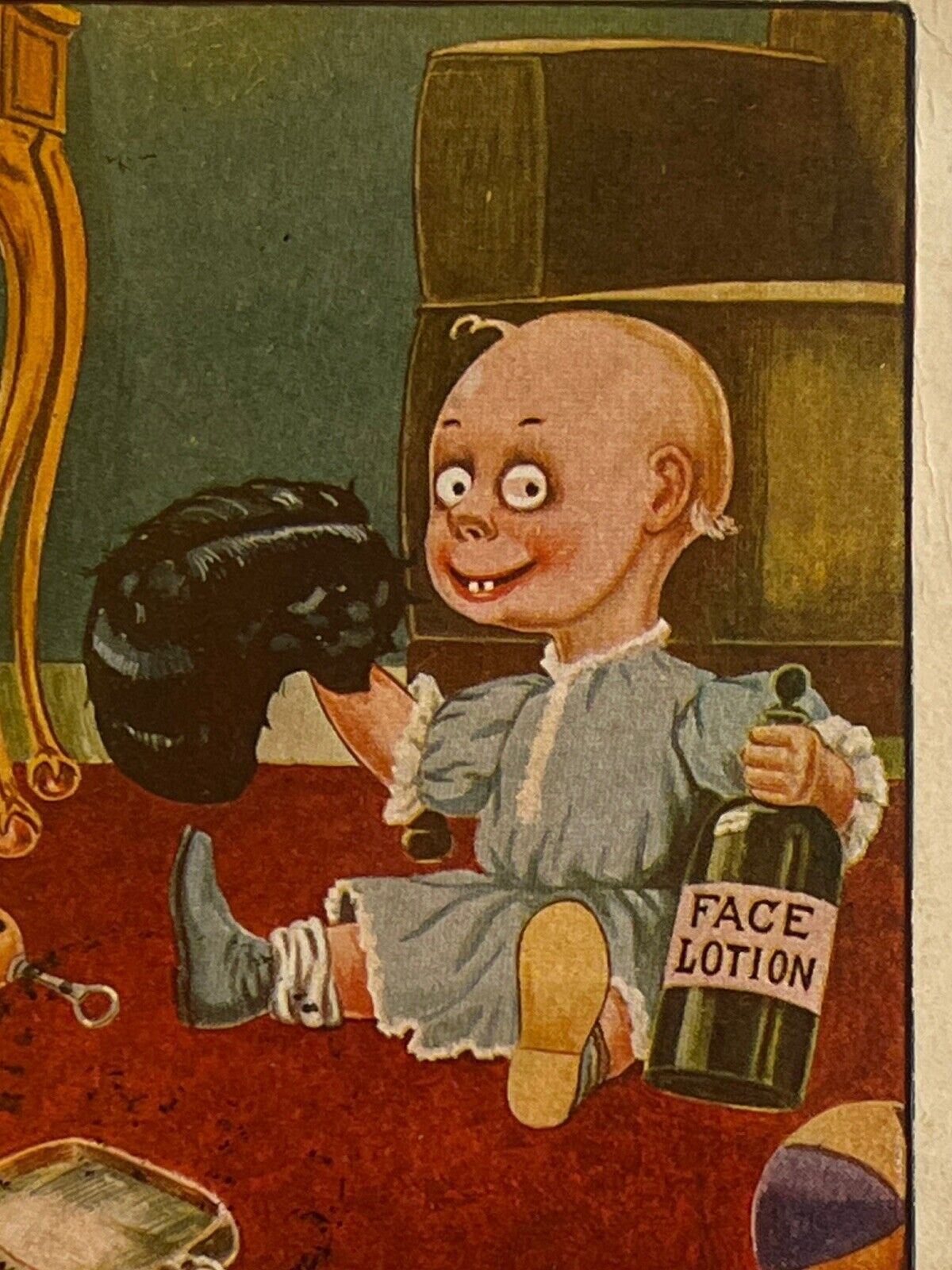 Antique Posted 1911 Ephemera Postcard Humorous Artwork Baby With Toupee Lotion