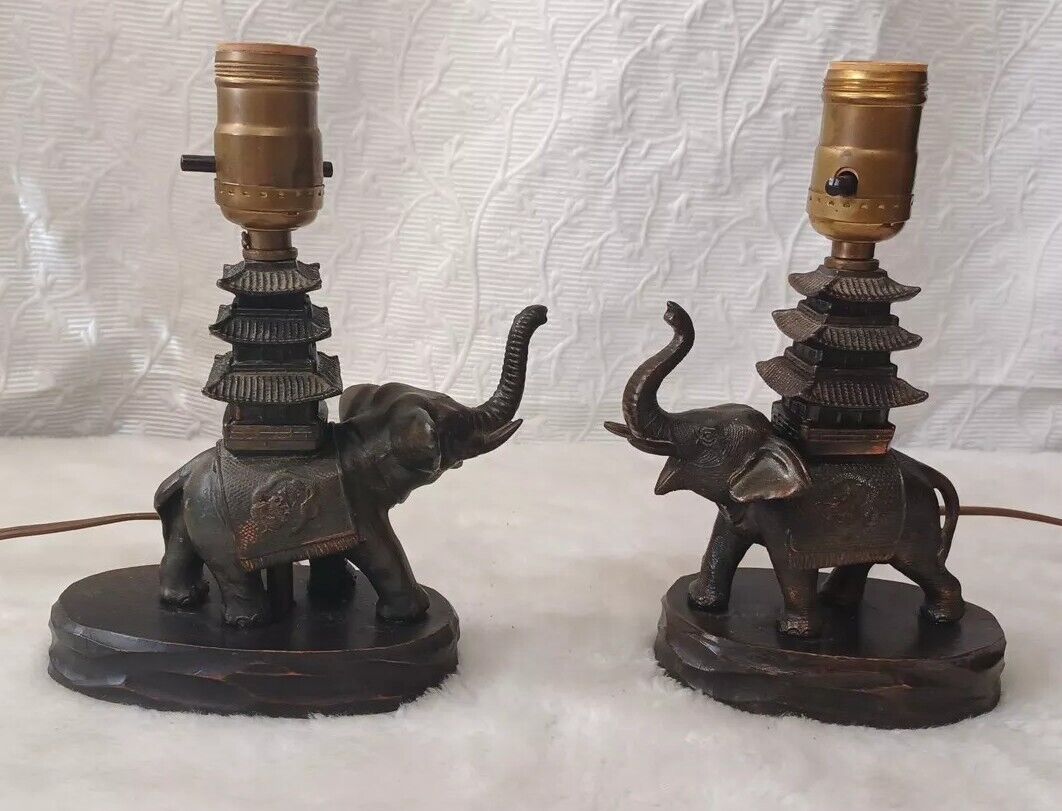  Vintage set Of  2 Elephant Metal Wood Base lamp pair working MCM Retro BOHO