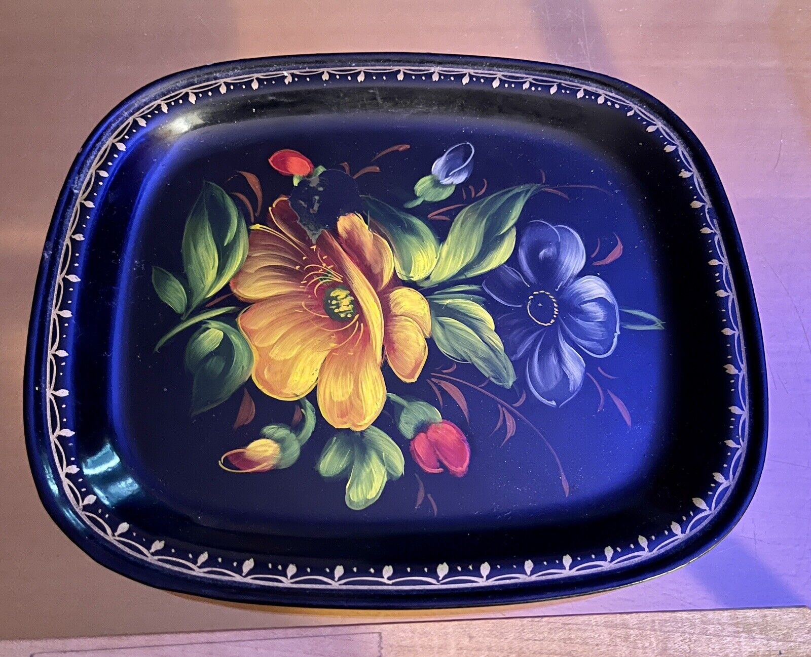Vtg Traditional Russian Crafts Zhostovo Metal Tray Soviet Toleware Black Floral