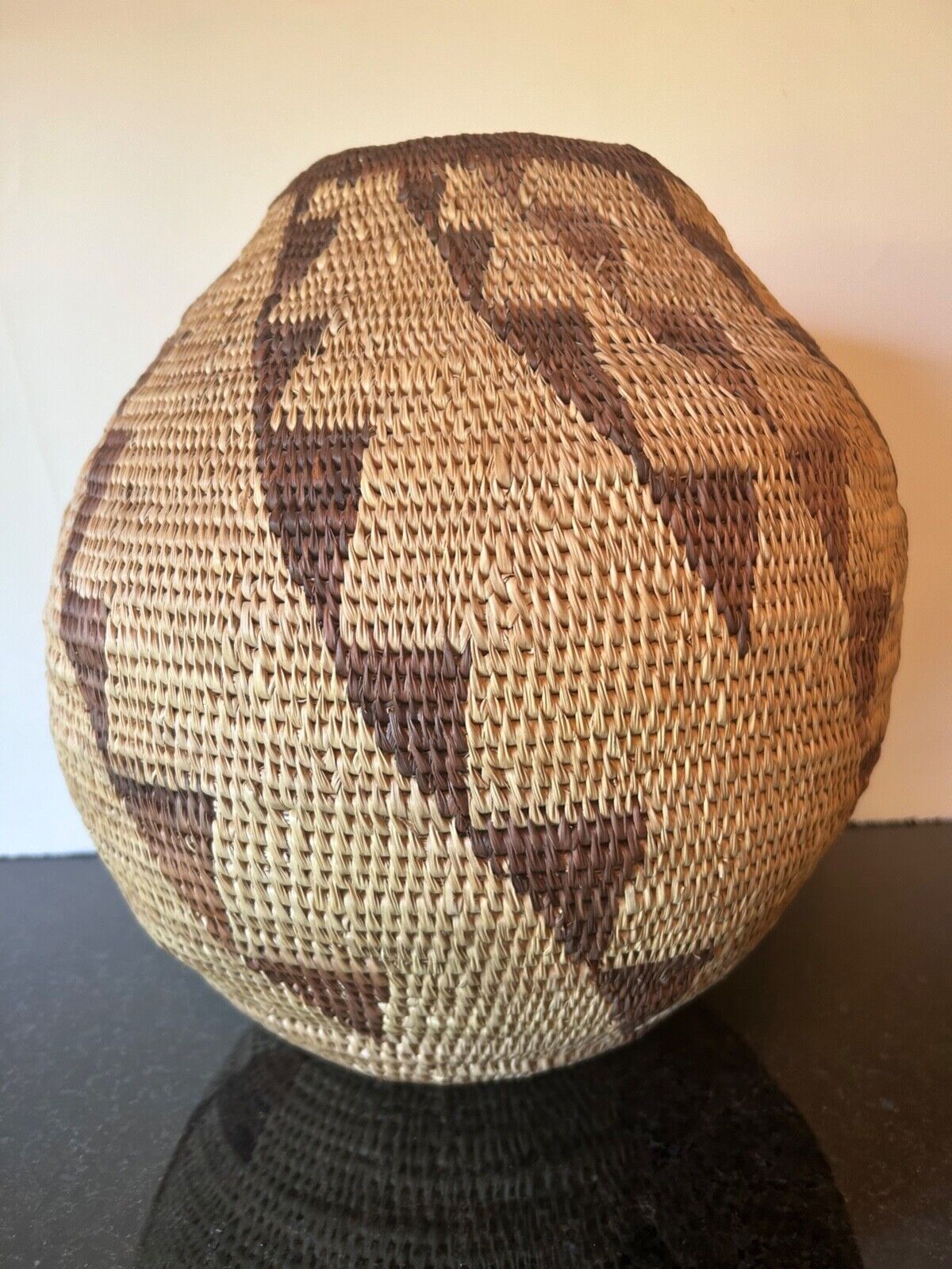 Vintage African HandMade large woven Beehive Shape Basket with Geometric Pattern