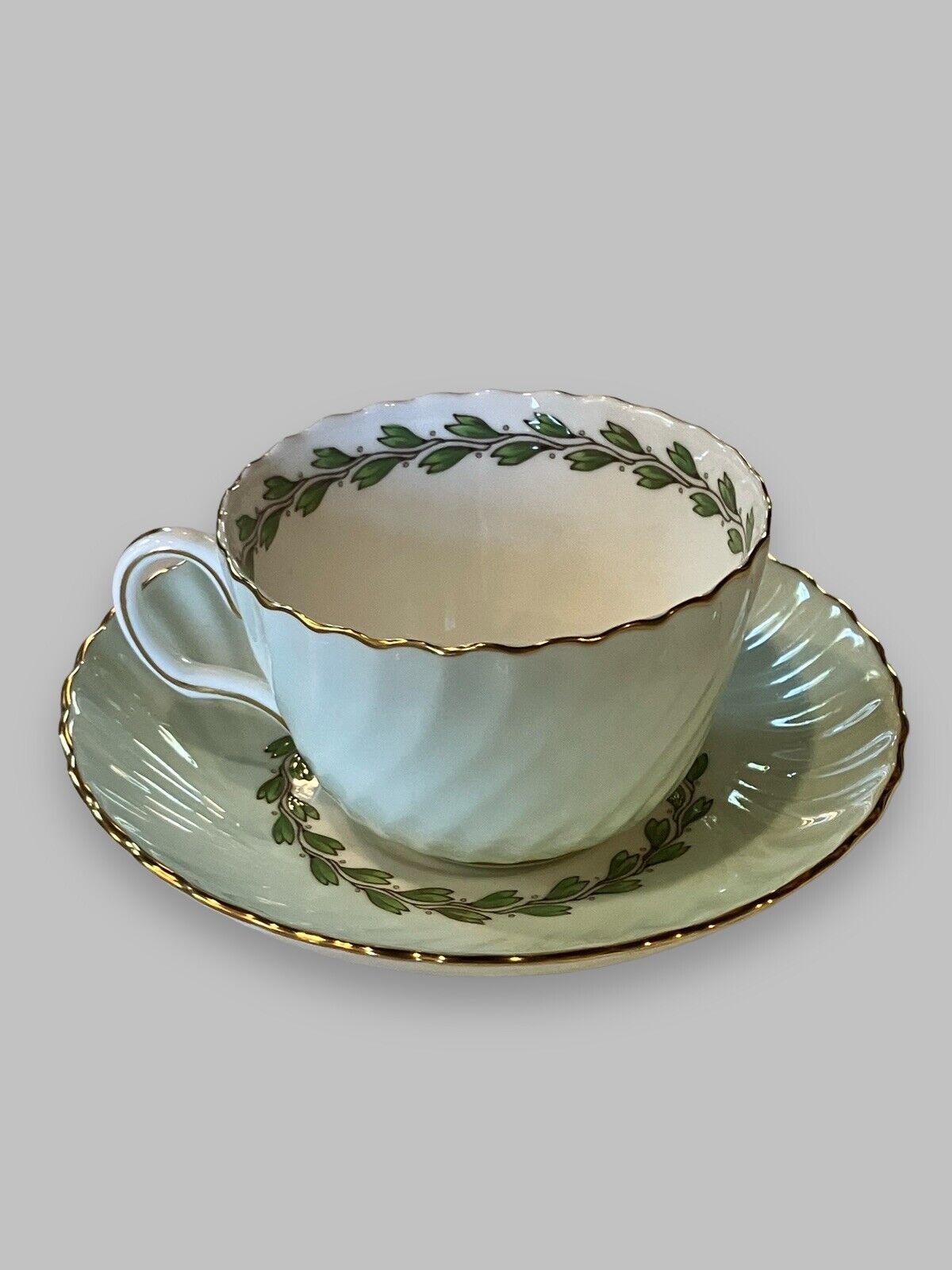 Vintage MINTON Bone China Cheviot Green Cup & Saucer 329431 Beautiful Rare Find