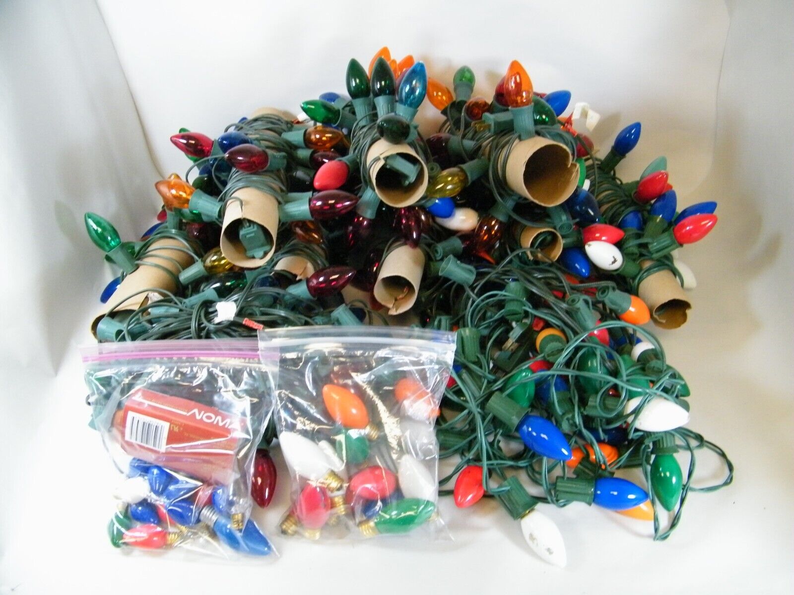 LOT OF C-9 LIGHT STRING SETS, MULTICOLORED, CLEAR & COLORED BULBS + REPLACEMENTS