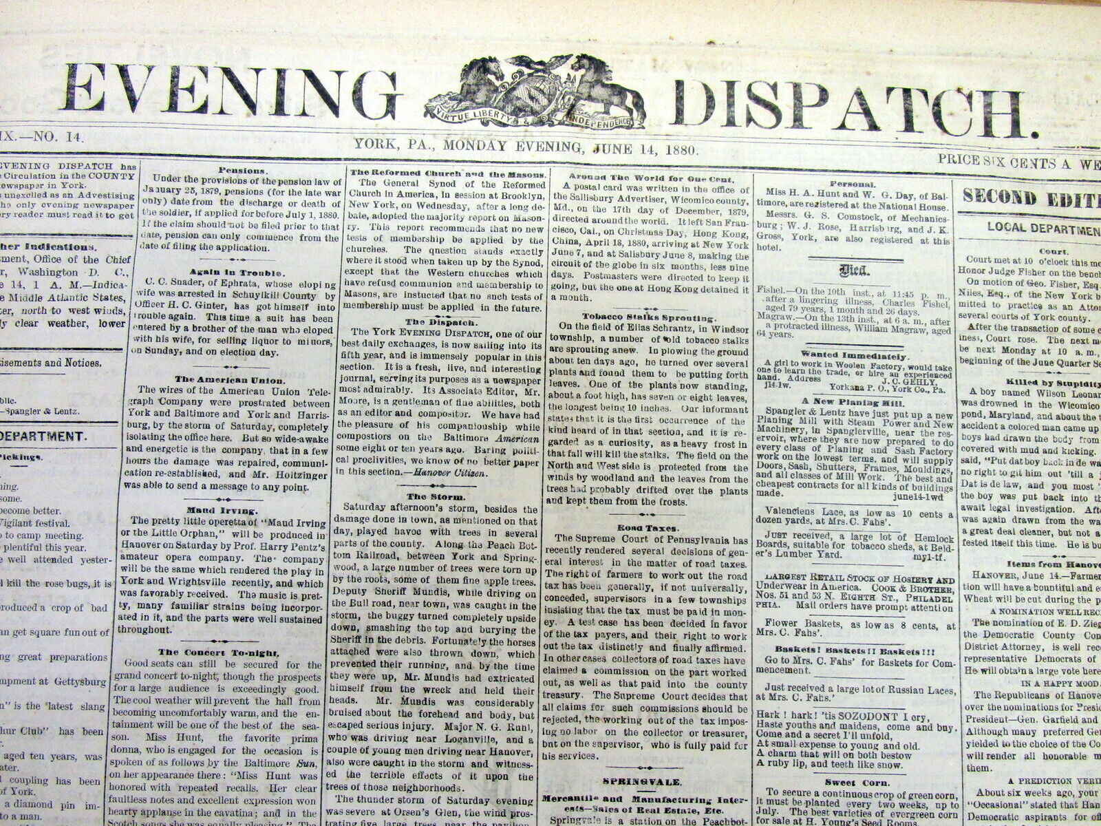 Lot of 20 original YORK DISPATCH Pennsylvania newspapers dated between 1880-1884