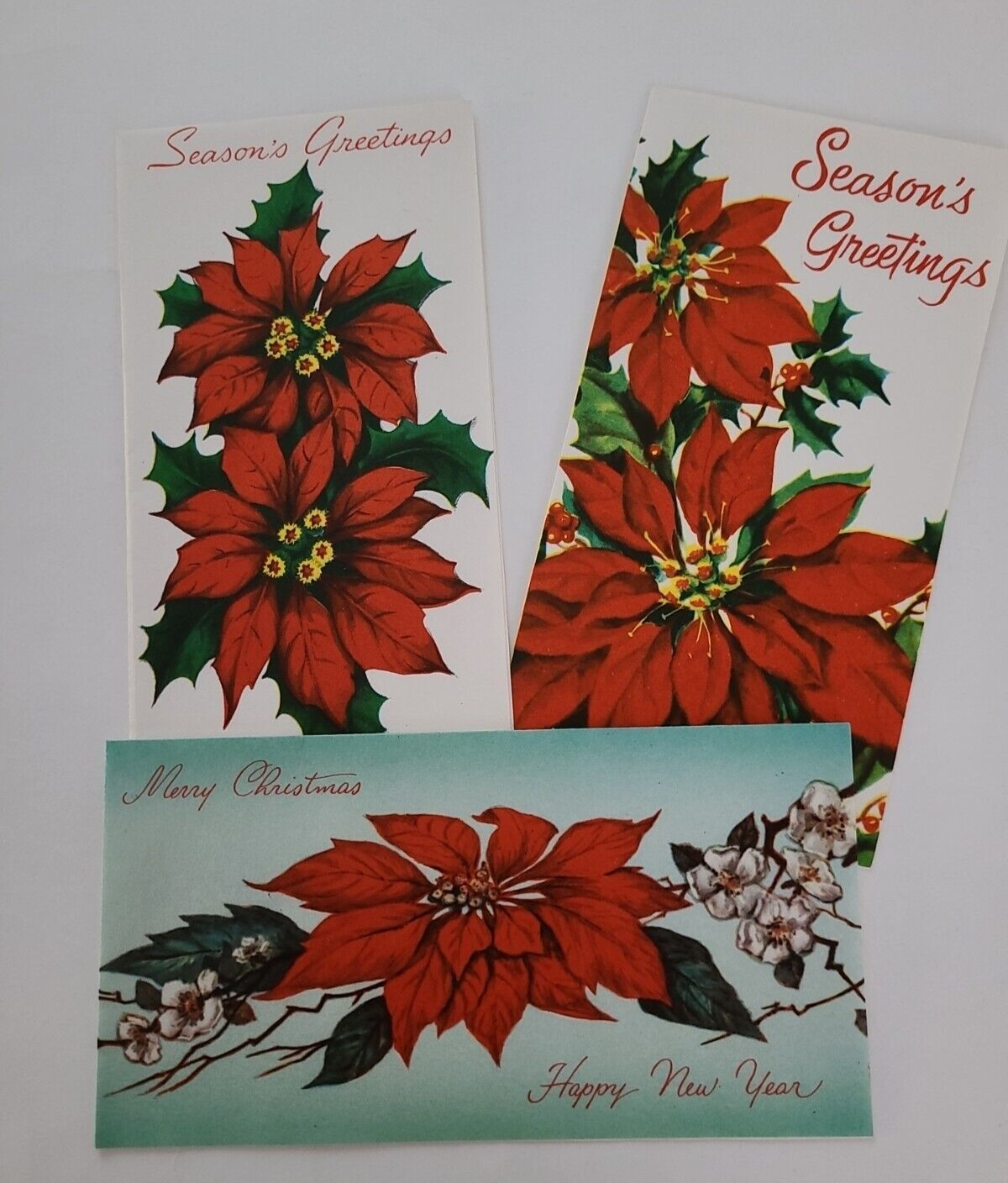 3 UNUSED Vtg CHRISTMAS Poinsettia Old Stock Greeting CARDS