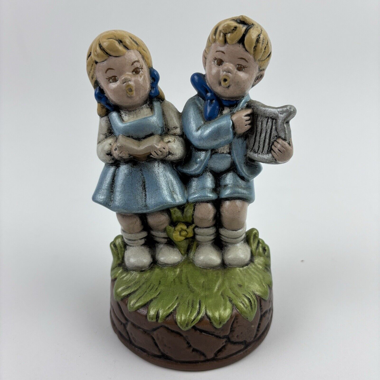 Vintage Hummel Style Porcelain Figurine Singing Girl And Boy With Harp 6”x4”