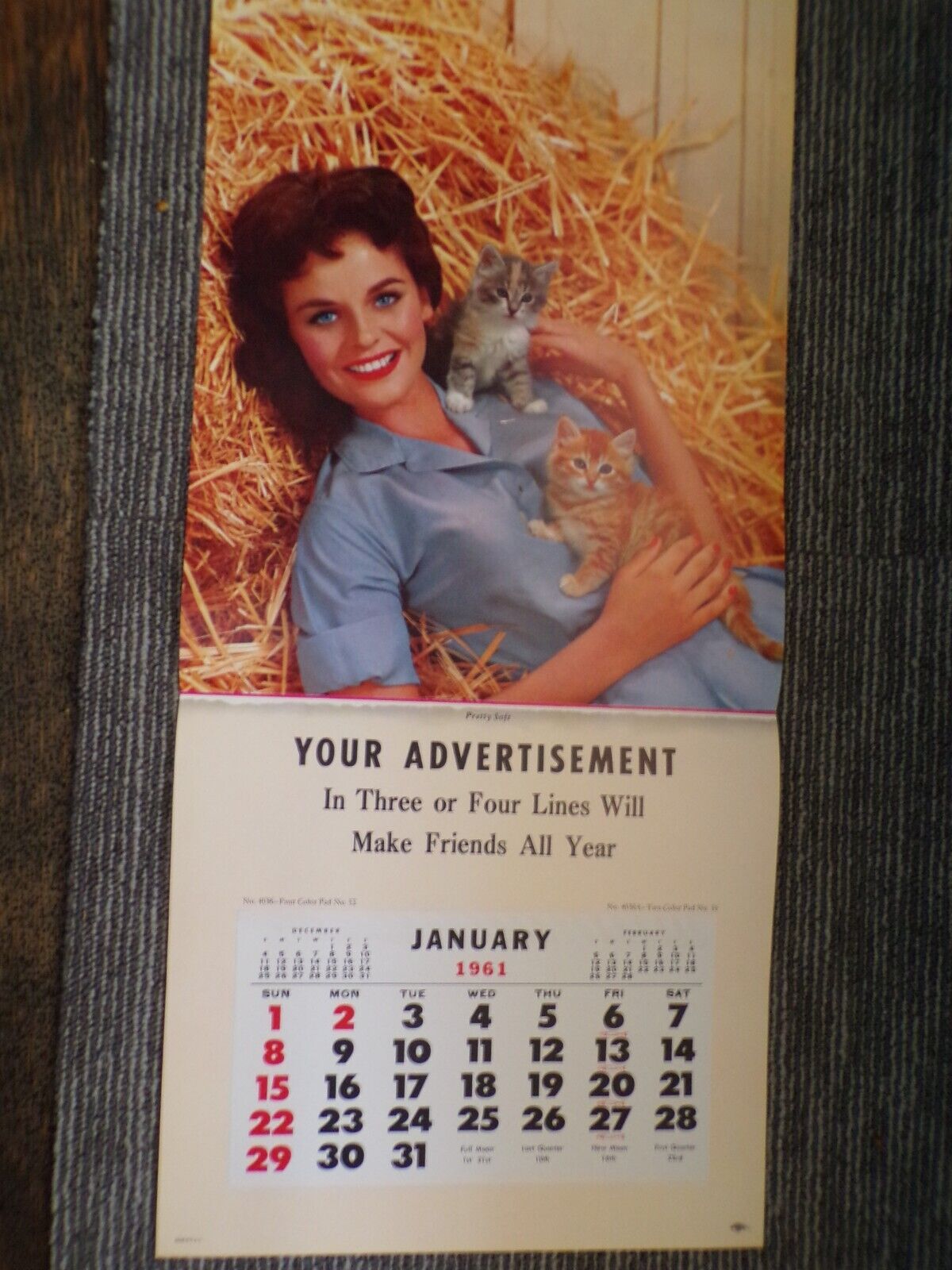 NOS 1961 Sample Calendar Mid-Century  by Champion Pretty Brunette Kittens