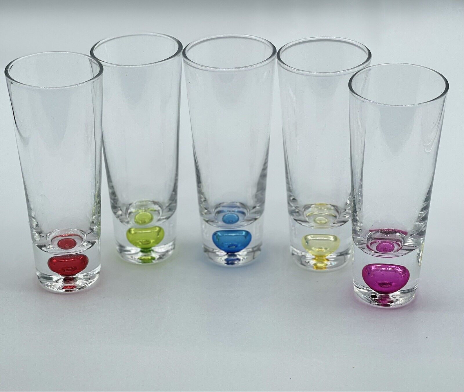 5 Clear Vintage Cordial Shot Shooter Glasses Colorful Blown Bubble Thick Base 5”